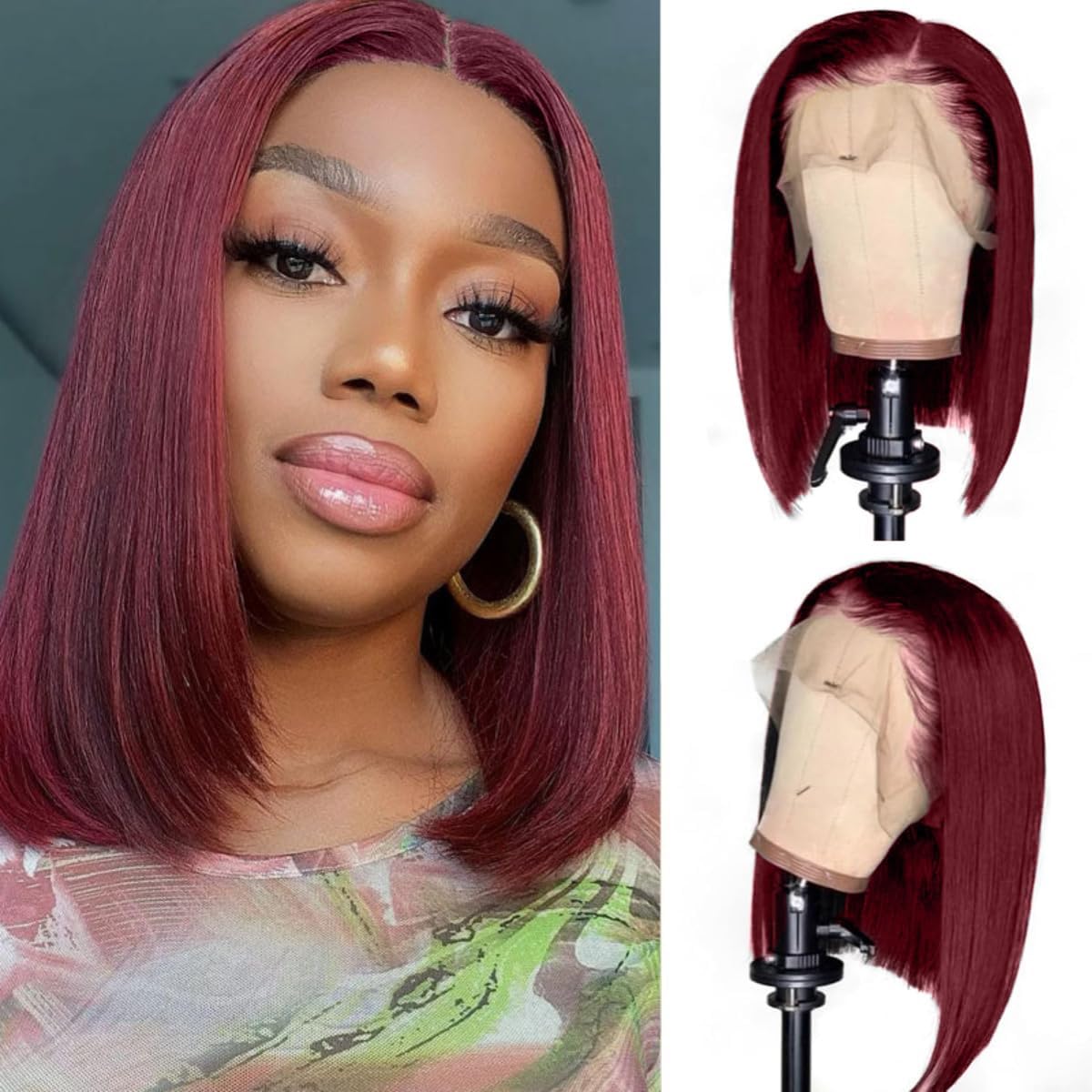 Selina 99J Burgundy 13x4 Bob Wig Human Hair Straight Lace Front Wigs Human Hair Brazilian Virgin Hair Wine Red Color for Women 12 Inch
