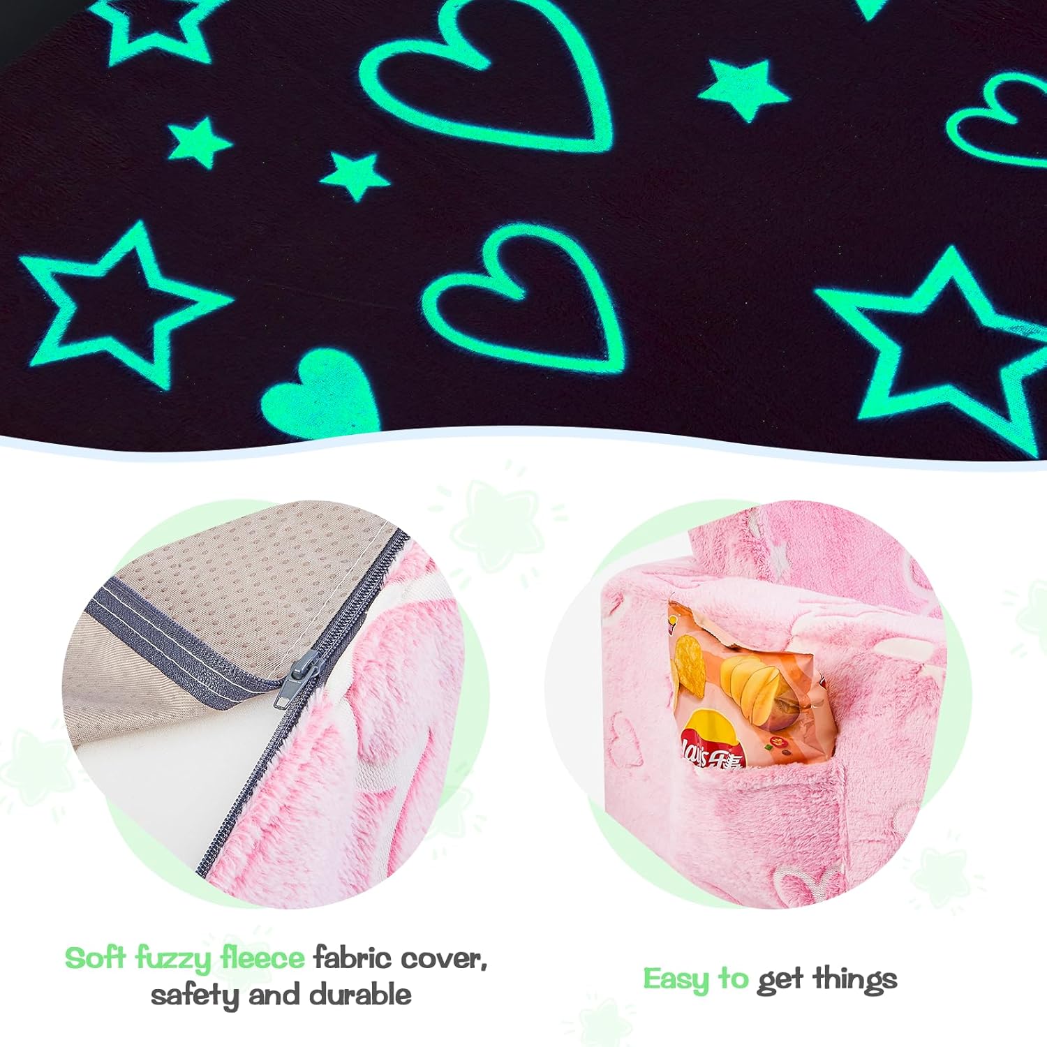 IFNOW Toddler Couch & Chair Folding, Kids 2 in 1 Sofa for Playroom - Extra Soft 2 Seats, Glow in The Dark, Pink & Green