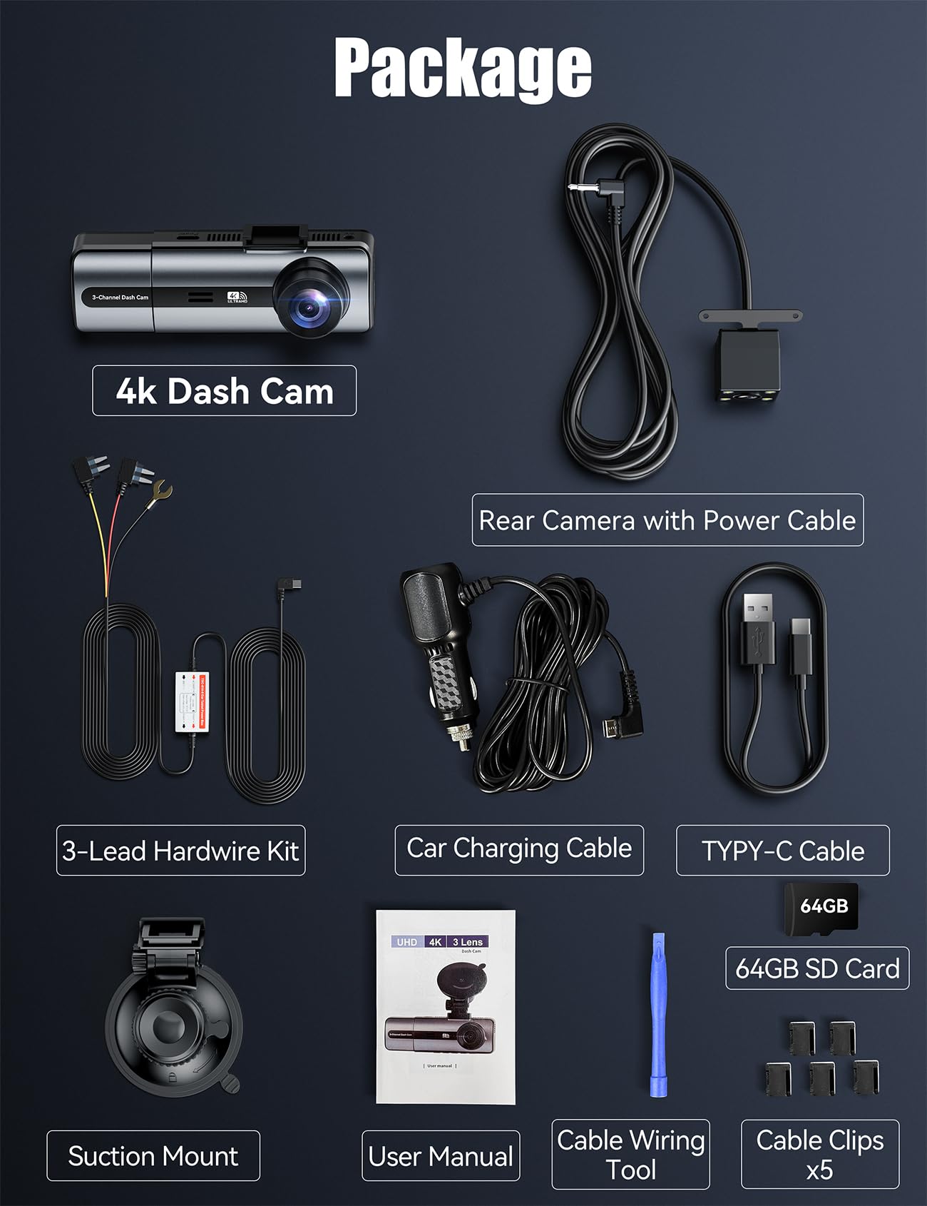 Dashcam 4K 3-Canali, 3,17" Display IPS Dash Cam, Telecamera Auto con WiFi & App, Grandangolo 170°, Sensore G, Visione Notturna, Registrazione in Loop, Monitoraggio Parcheggio,Scheda SD da 64 GB