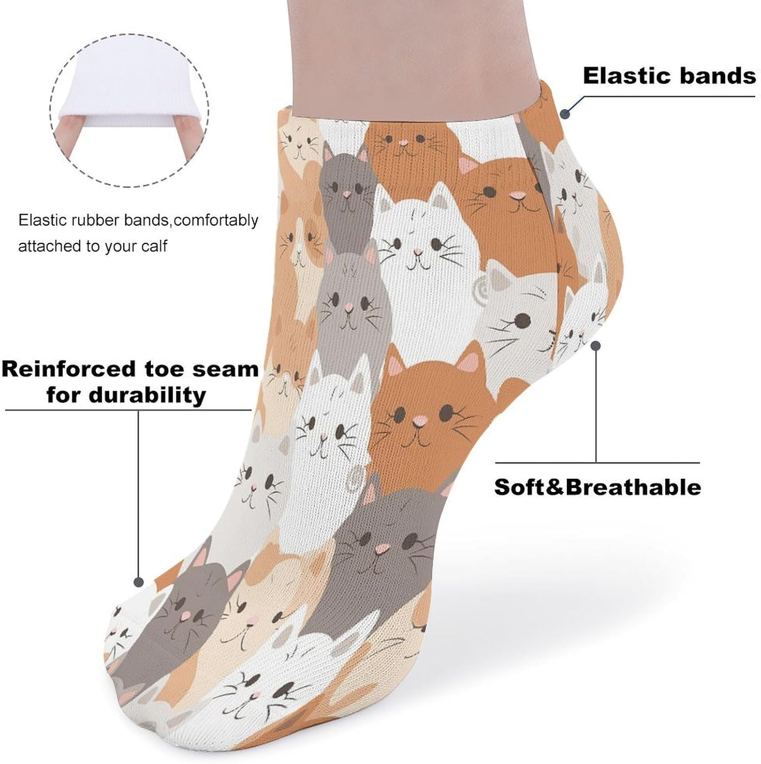 Women's Thin Elastic Socks Low-top Sports Invisible Orange Cats Printed Ankle Socks 5 Pairs Suitable for Travel Commuting Outdoor