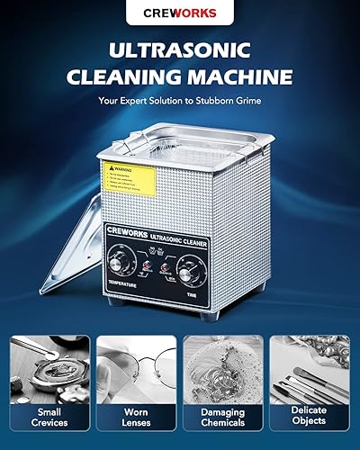 Vista 2 de CREWORKS 2L Ultrasonic Cleaner with Heater & Timer, 60W 304 Stainless Steel Sonic Cleaner, 0.5 gal Compact Ultrasonic Parts Cleaner, Professional