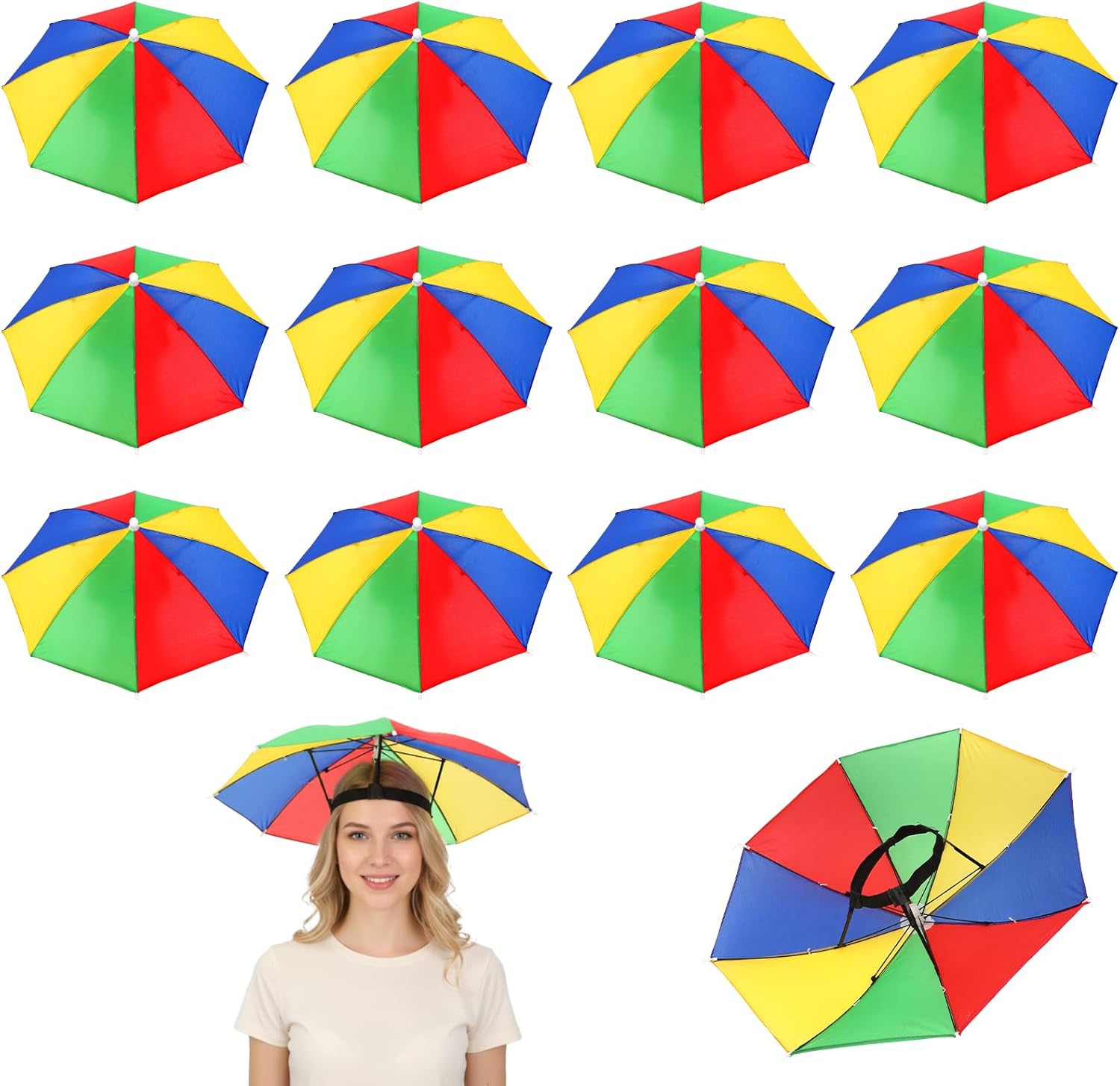 12 Pack Umbrella Hat with Elastic Band, Rainbow 21 Inch Waterproof Hands Free Head Umbrella Cap for Fishing, Gardening, Beach, Outdoor Sun and Rain Protection