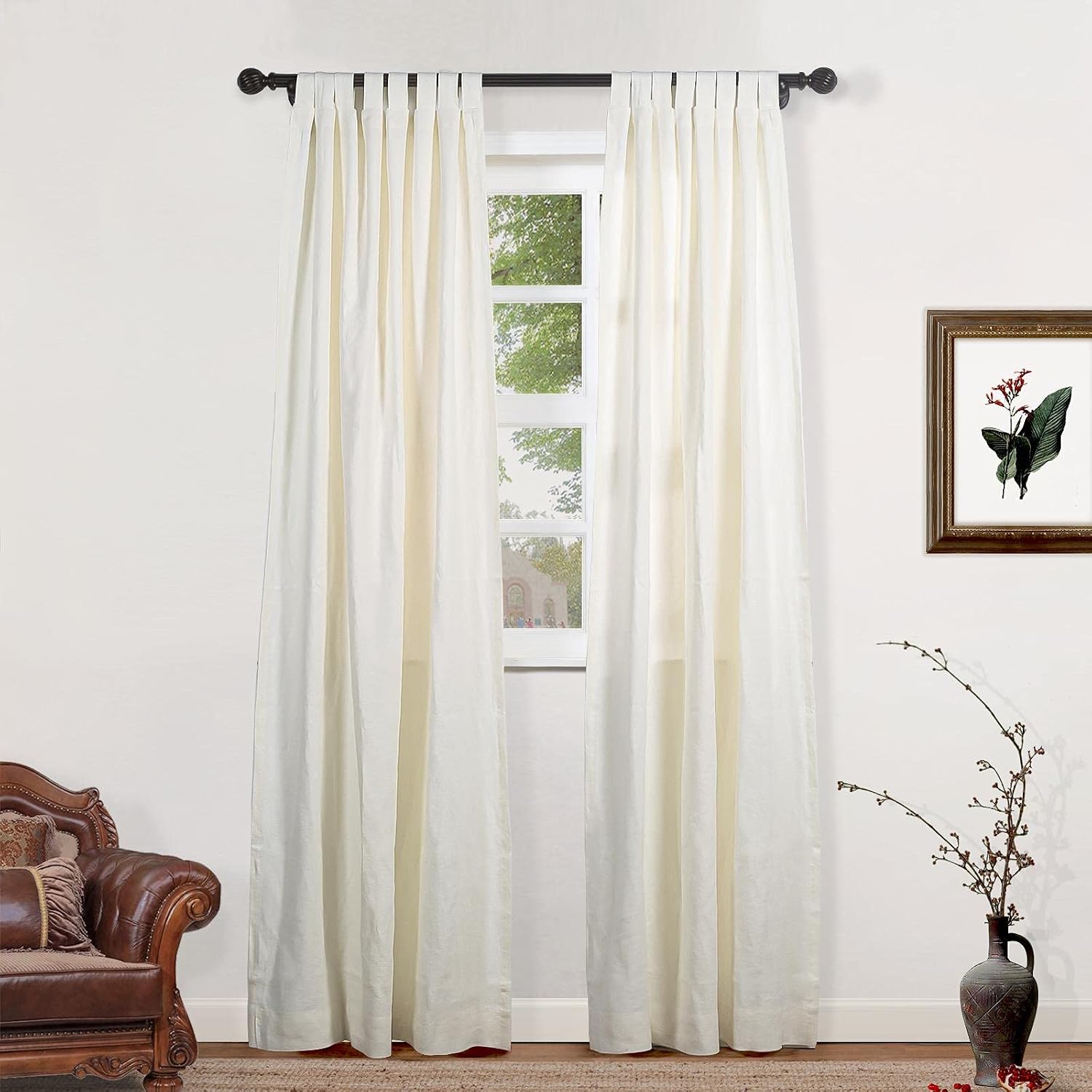 ChadMade White Linen Curtain 84 Inches Long Drape Privacy Protection for Living Room White Natural 100% Linen Drapery Light Reducing 72W x 84L Inches(1 Panel), Lacey Collection