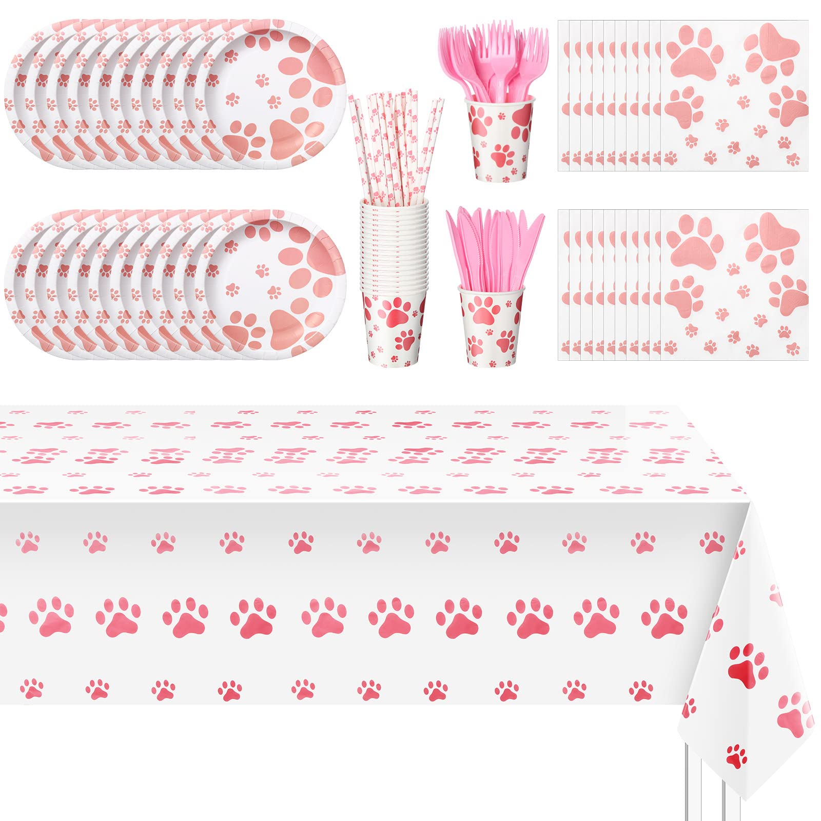 Dog Paw Prints Birthday Party Supplies Set 121 Pcs Serves 20 Guests Paper Plates Cups Napkins Straws Fork Knife Tablecloth for Puppy Theme Birthday