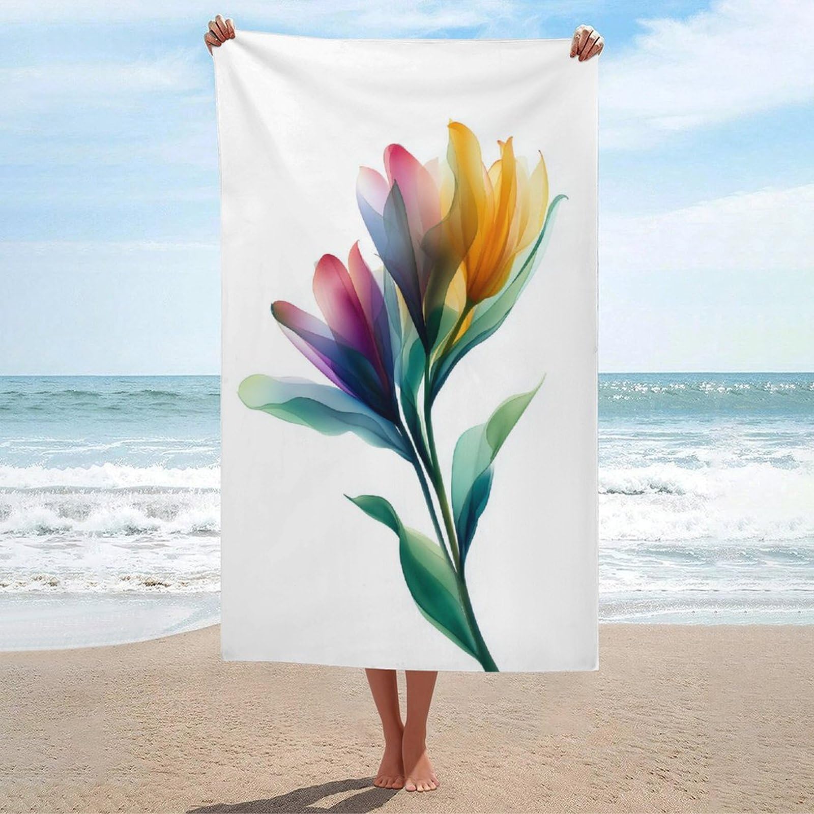 LSRCPD Watercolor Bloom Flower Soft Rainbow Beach Towel Sand Free Microfiber Large Shower Towels Multipurpose Absorbent for Bathroom Pool 130x80 CM