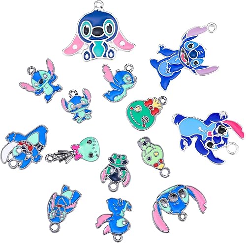 14pcs Anime Stitch Charms for Jewelry Making, Enamel Cartoon Stitch Pendant Charm for Bracelets and Necklaces or Earrings Crafting, Assorted Charm