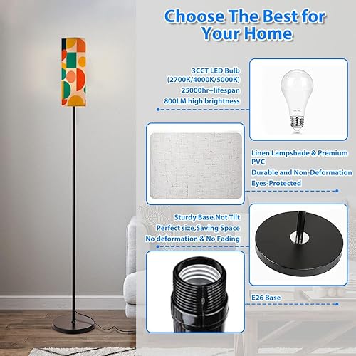 Miniatura 3 de Modern Floor Lamps for Living Room Mid Century Modern 60 s 70 s Style Scandinavian Retro Standing Lamps with Linen Lampshade Tall Lamp Metal Pole