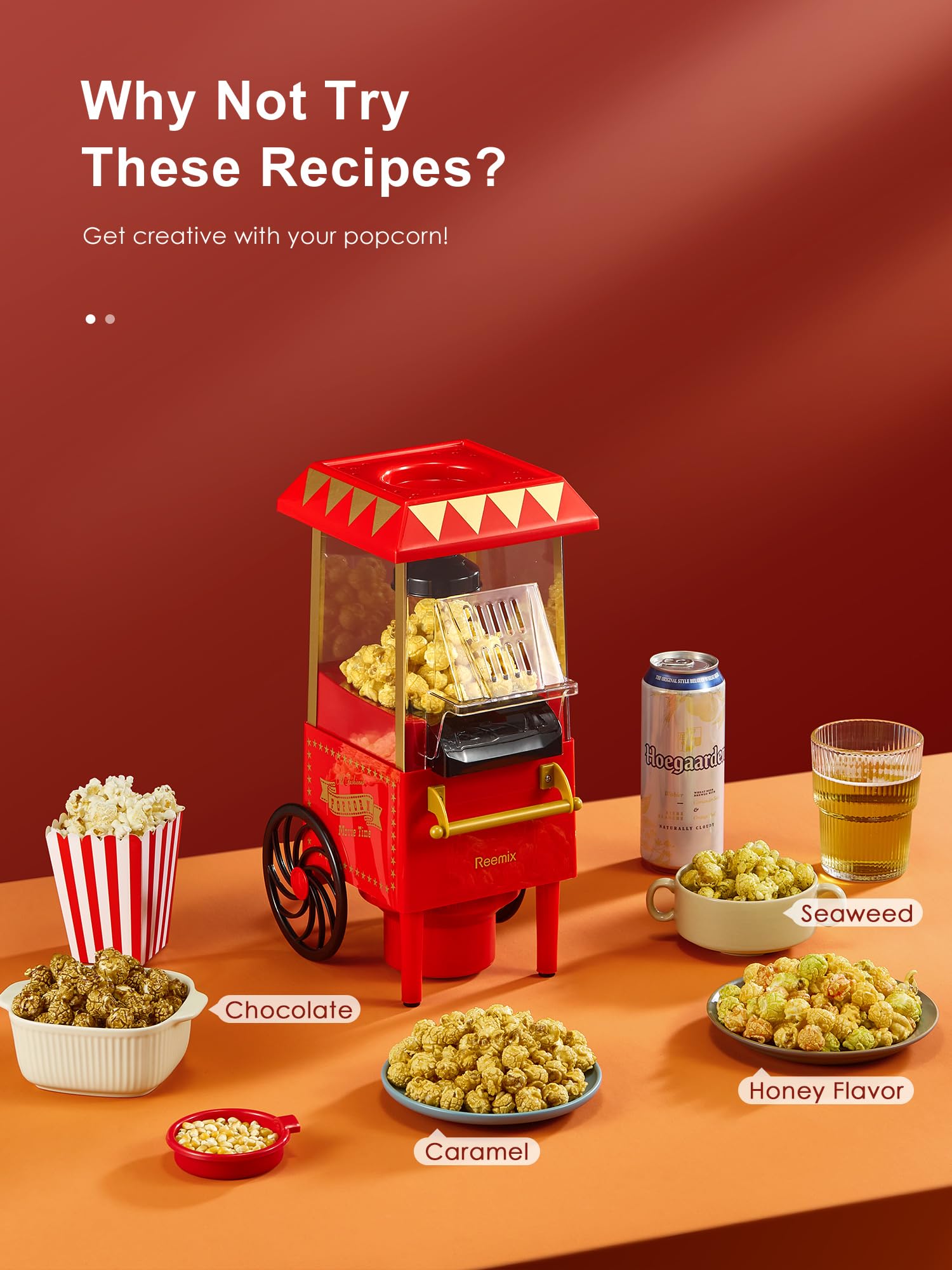 Popcornmaschine, Reemix Popcorn Maker für Zuhause, 2 Minuten schnelles,Fat Free,Oil-Free, leistungsstarke 1200 Watt, Für Fußballabend und Weihnachtsfeiern