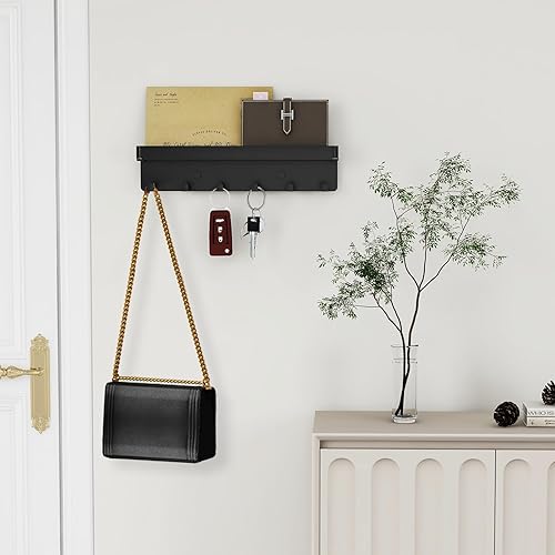 Miniatura 2 de Soporte para llaves de pared, organizador rústico de llaves y correo, 6 ganchos para llaves con estante, pequeño estante para llaves con bandeja,