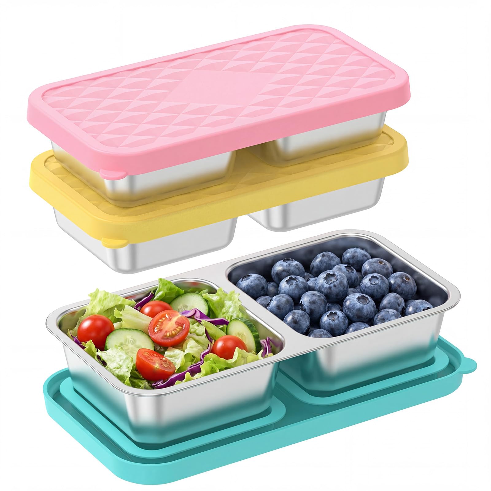 YJQXMYU 3Pcs Snack Box Stainless Steel, 2 Compartment Snack Pots with Leakproof Lid, Divided Snacks Container, Lunch Box for Office Gym Travel Picnic, Dishwasher Safe