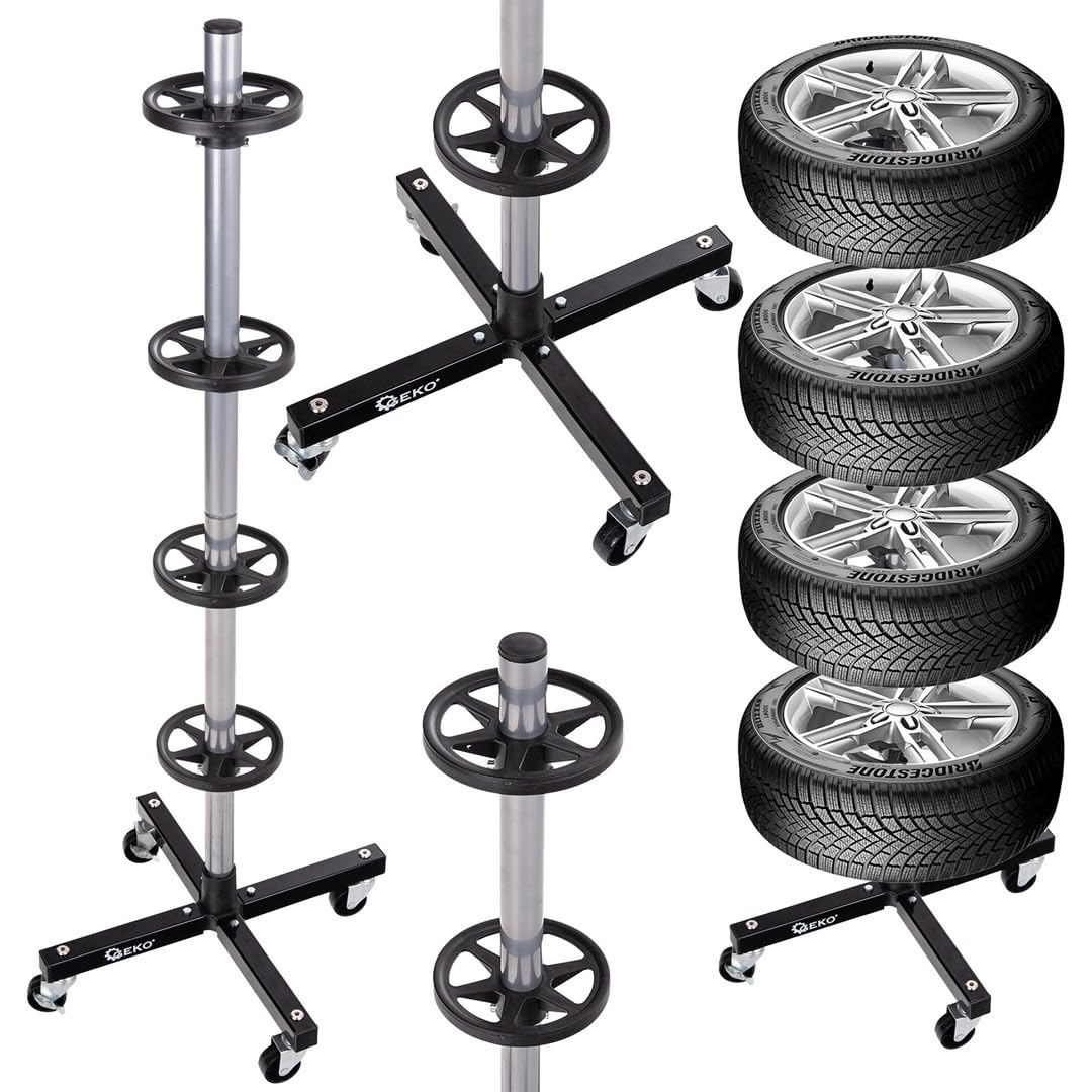 Soporte para 4 Ruedas con Ruedas y Freno, Rack portaneumáticos hasta 100 kg, Soporte Vertical para Llantas y neumáticos, Organizador de Ruedas para Garaje y Taller, Base metálica Estable
