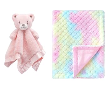 2 Pack Baby Bear Security Blanket Soft Minky Lovey + Fluffy Fuzzy Fleece Baby Blanket with Silk Silky Backing Blue 30 x 40 Inches