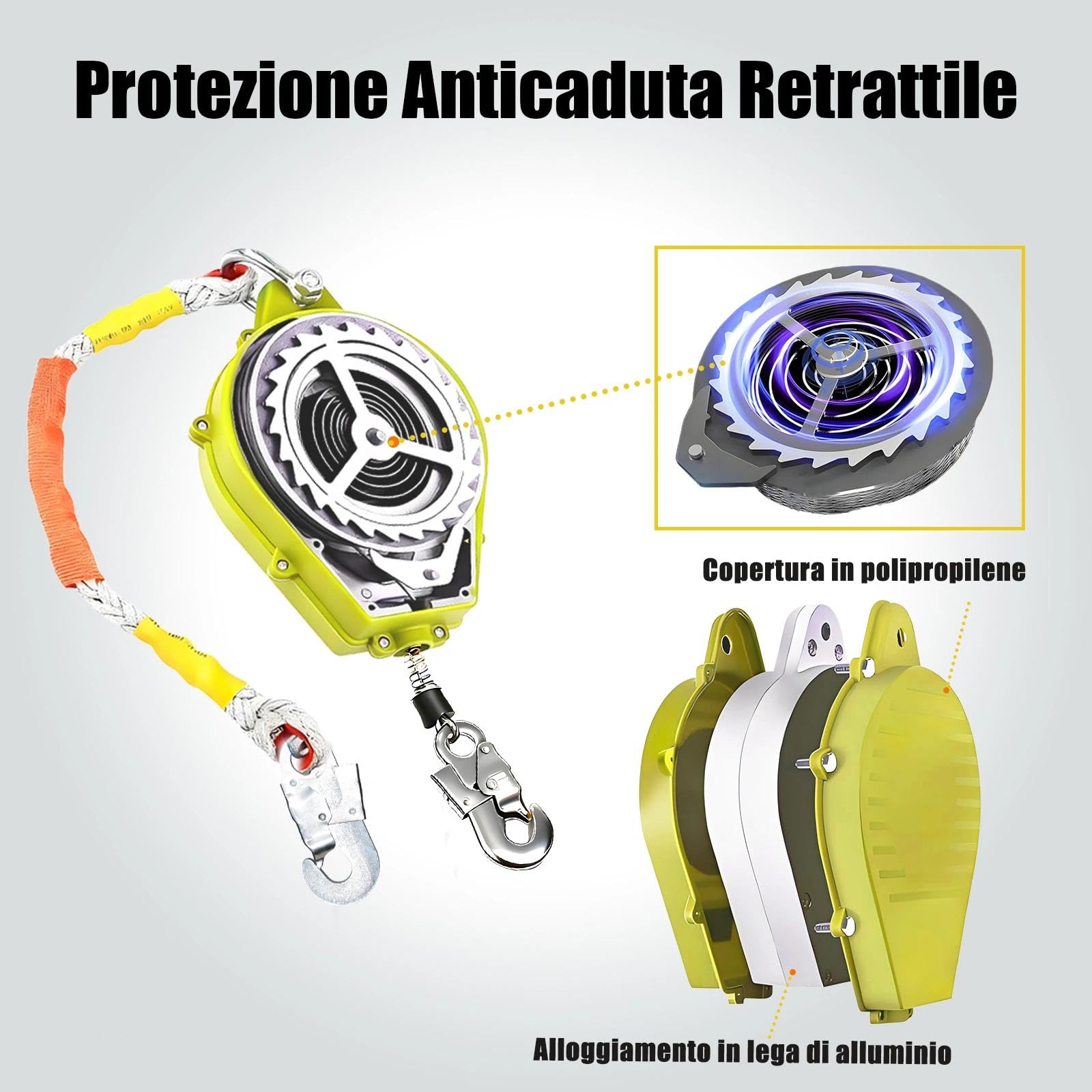 Dispositivo Anticaduta Retrattile 3-20m con Bloccaggio Automatico | Imbracatura Sicurezza per Lavori in Quota su Tetti, Cavo in Acciaio e Gancio Resistente, Ideale per Edilizia e Manutenzione