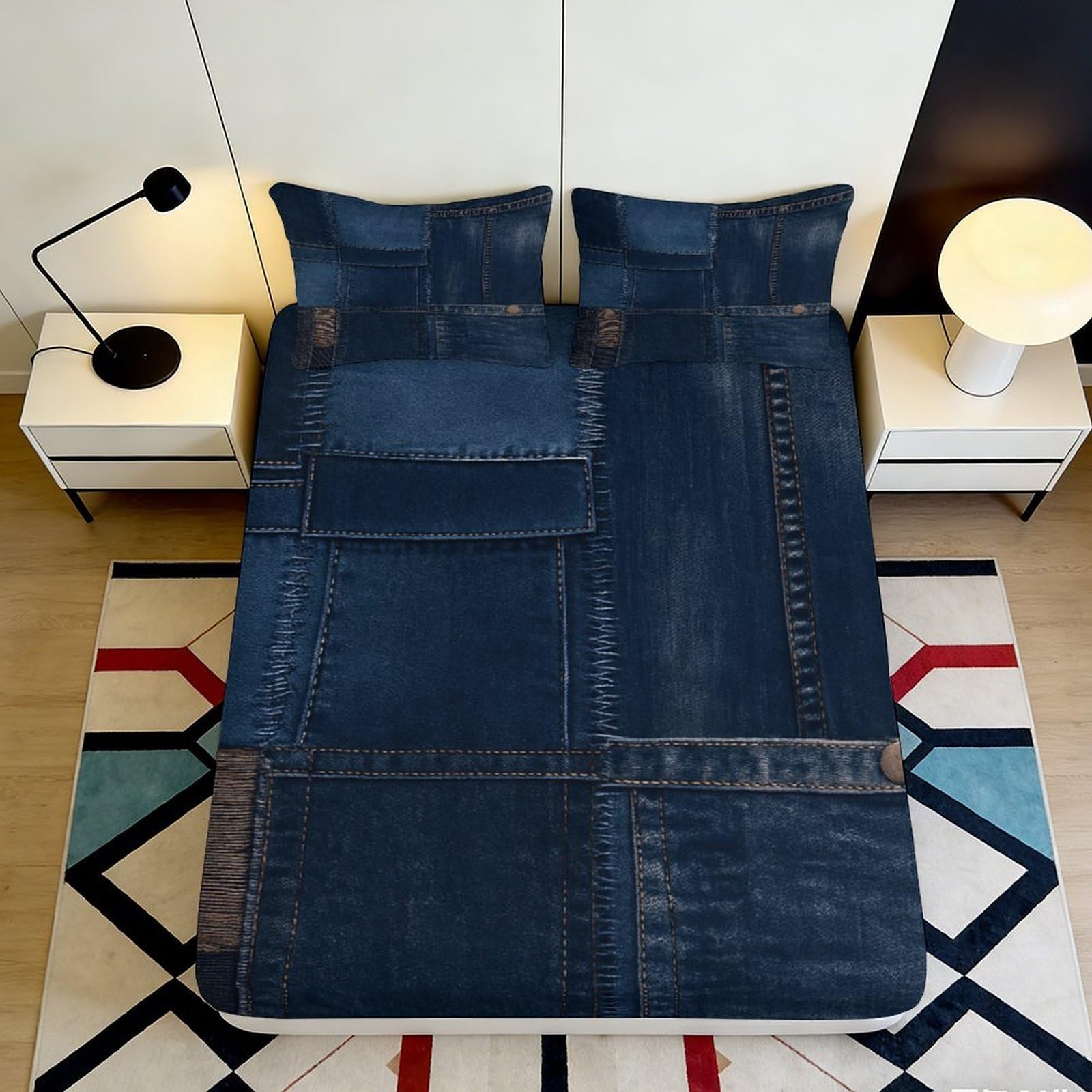 3D Printed Denim Patchwork Fitted Sheet Microfiber Soft Durable Dark Blue Bed Cover for Bedroom Dormitory Guest Room Mattress Protection 200x200x25cm
