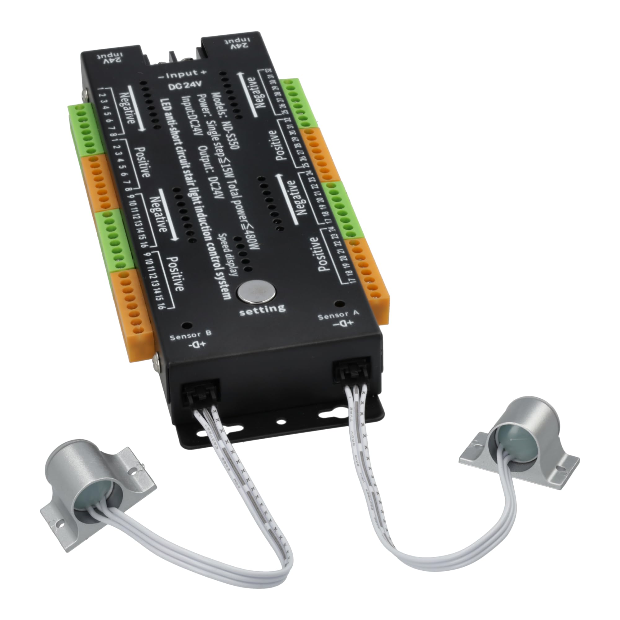 Jandei – Controlador para Tiras LED 24V Efecto Especial “Escalera”, 2 Sensores de Presencia y Botón Regulador de Velocidad. Admite hasta 32 Conexiones (máximo 15W cada Salida)