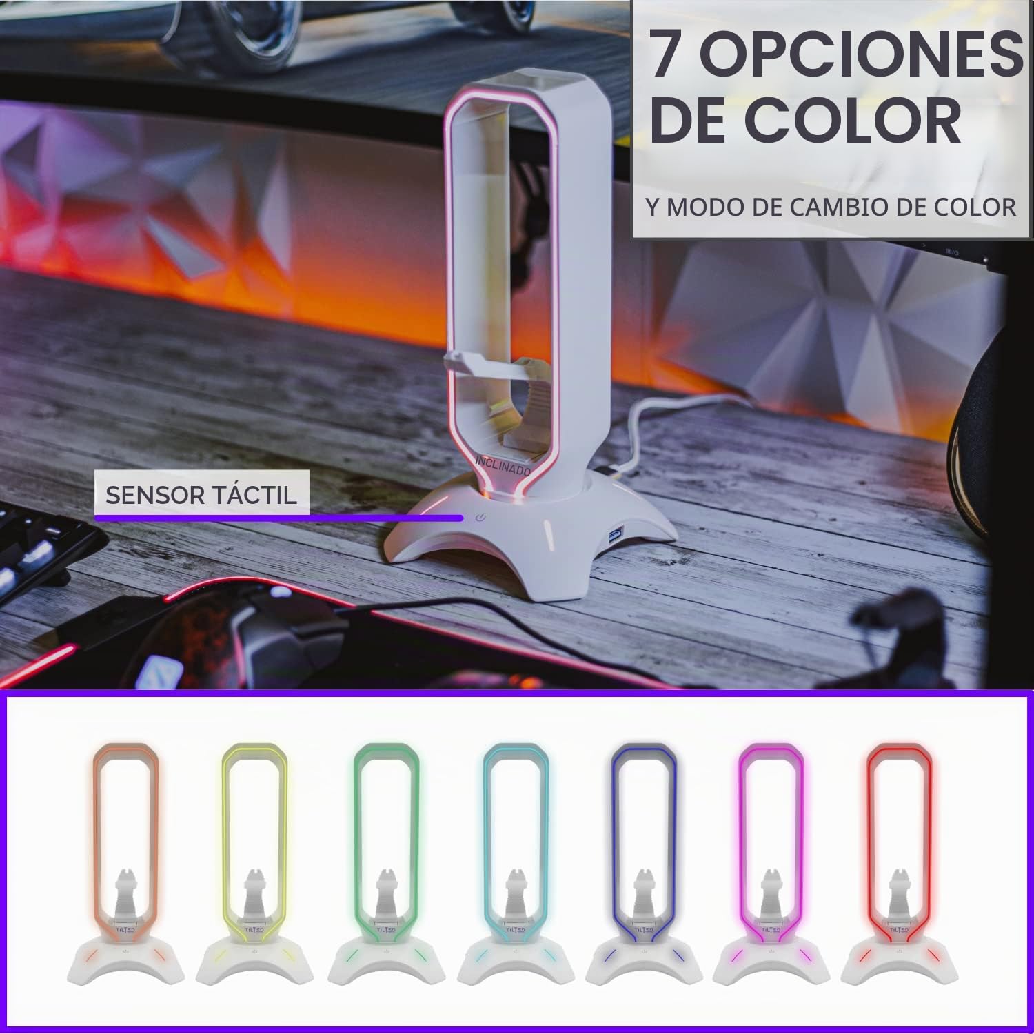 Tilted Nation Soporte para Auriculares RGB – Soporte para Auriculares 3 en 1 para Escritorio con Mouse Bungee y Cargador Hub USB 3.0 de 2 Puertos – El Accesorio definitivo para Juegos y Regalo para