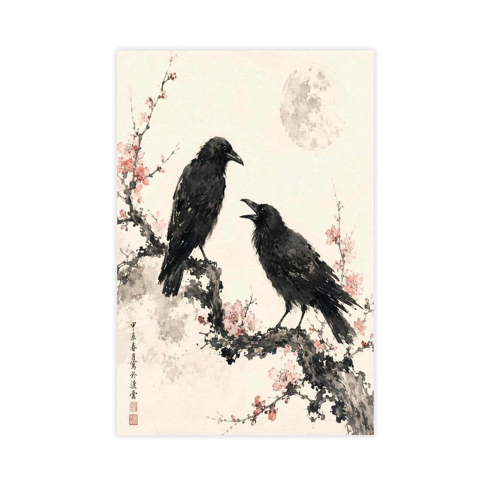 W7c8u2x3 Unframe-Style-12 Raven Pair With Moon Canvas Wall Art, Moonlit Stage Entryway