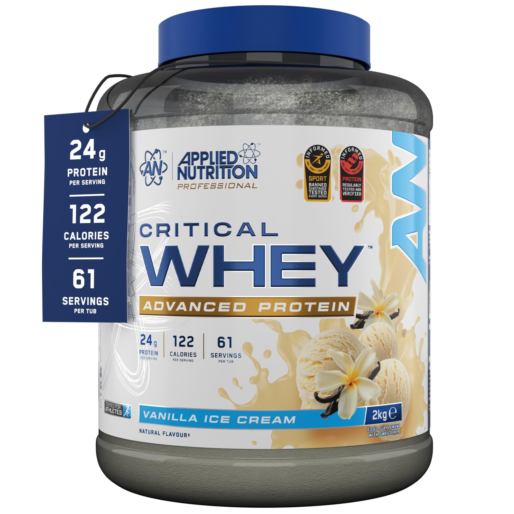 Applied Nutrition Critical Whey Protein Powder – 24g Protein per Serving, High Protein Powder, Protein Shake with BCAAs & Glutamine – Muscle Growth & Recovery (2Kg - 61 Servings) (Vanilla Ice Cream)
