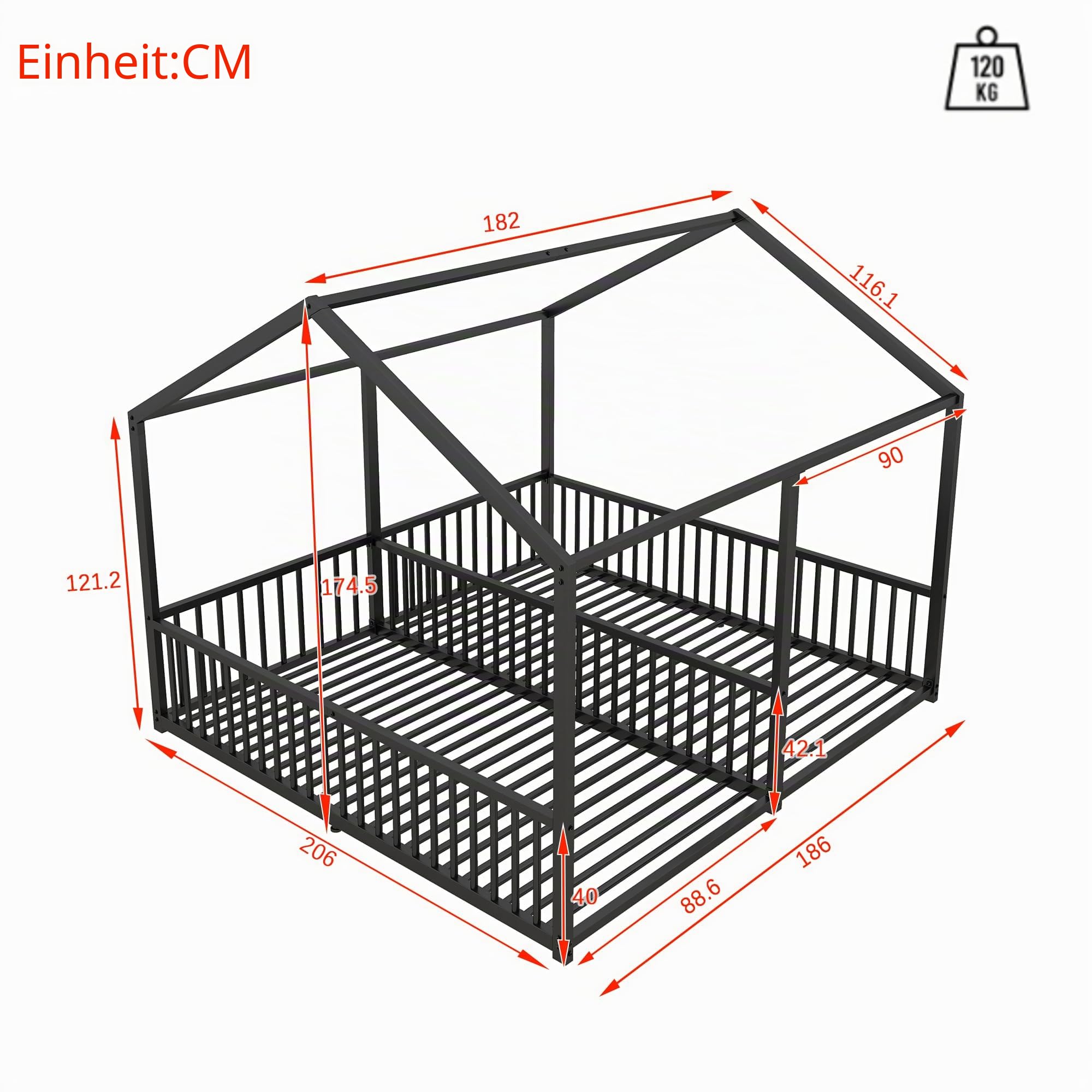 Dolamaní Bodenbett 180x200 cm 2 Kinder mit rausfallschutz, 90x200 cm Einzelbetten 2-in-1, Hausbett Metall Geschwister Bett, Kinderbett Bodentief (Schwarz B)