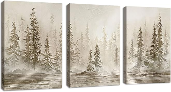 3Pcs Neutral Abstract Landscape Framed Canvas Wall Art Prints Modern Misty Sunshine Pine Forest Wall Painting Beige Rustic Farmhouse Canva Pictures Artwork Home Decor for Bedroom Living Room 30X40cmx3