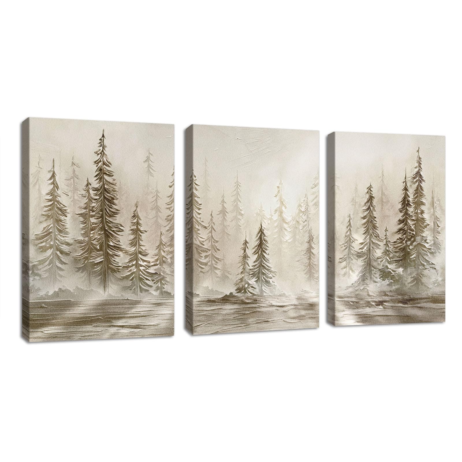 3Pcs Neutral Abstract Landscape Framed Canvas Wall Art Prints Modern Misty Sunshine Pine Forest Wall Painting Beige Rustic Farmhouse Canva Pictures Artwork Home Decor for Bedroom Living Room 40X60cmx3 — image 1