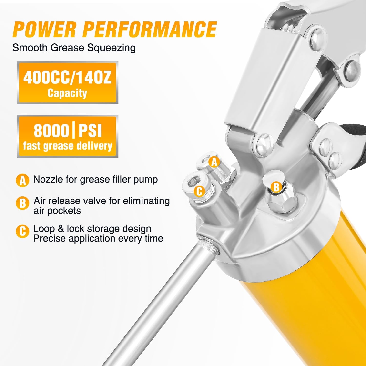 GOOACC Grease Gun Heavy Duty Pistol Grip Grease Gun Kit with Quick Release Coupler 18" Spring Flex Hose Normal Coupler, 8000PSI 14oz Grease Guns Tool for Automotive Farm Industrial Marine, Yellow 4PCS