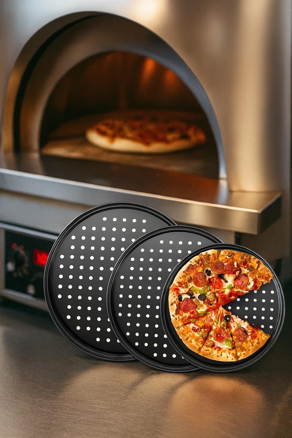 Nozzy Juego de tres bandejas redondas antiadherentes para hornear pizzas, 26/28/32 cm