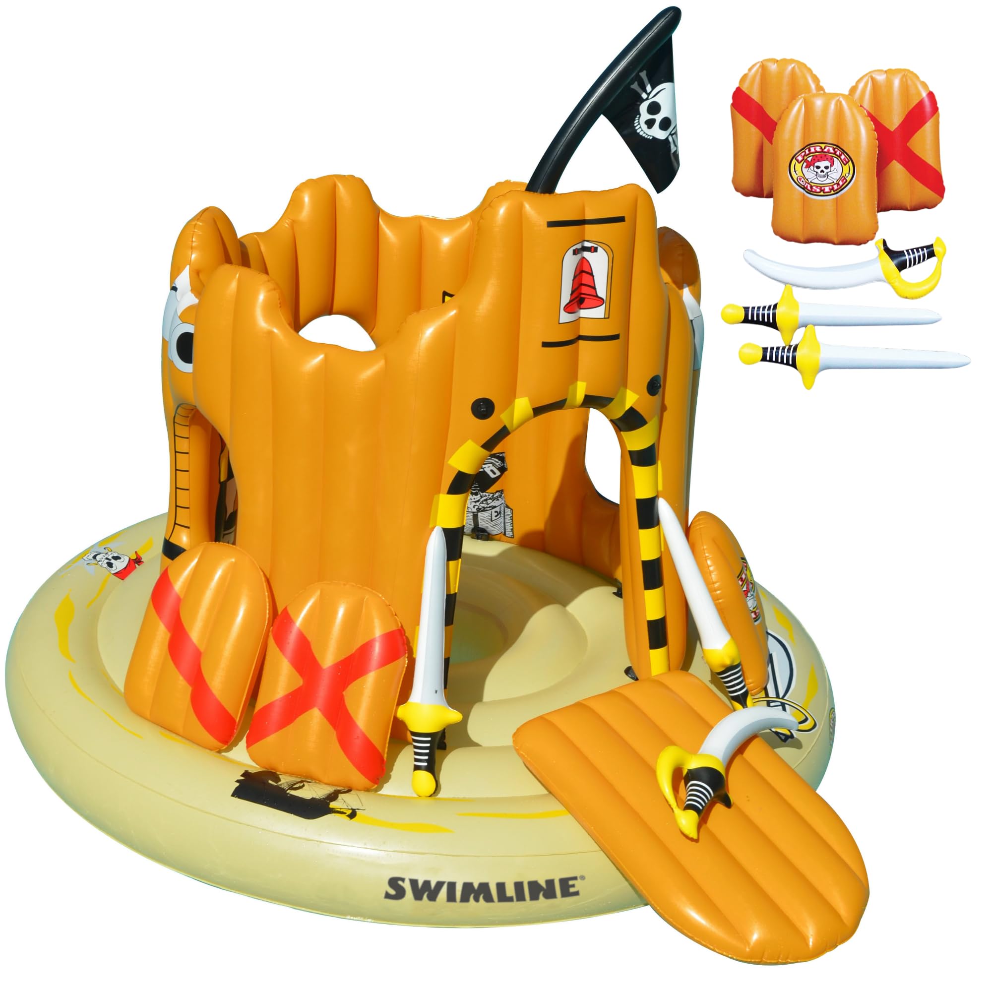SWIMLINE Giant Inflatable Pirate Castle Pool Float For Kids And Adults Size| Floating Kingdom Raft Lounger Combo With Gate Shield Windows & Accessories For Pools Lakes Beach | Fits Up To 4 People