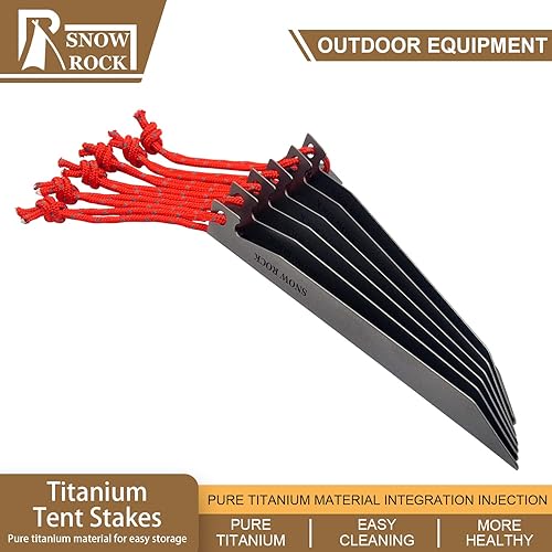 Miniatura 6 de Snow Rock Paquete de 10 estacas de titanio resistentes en forma de V con cordones reflectantes para acampar al aire libre (estilo E)