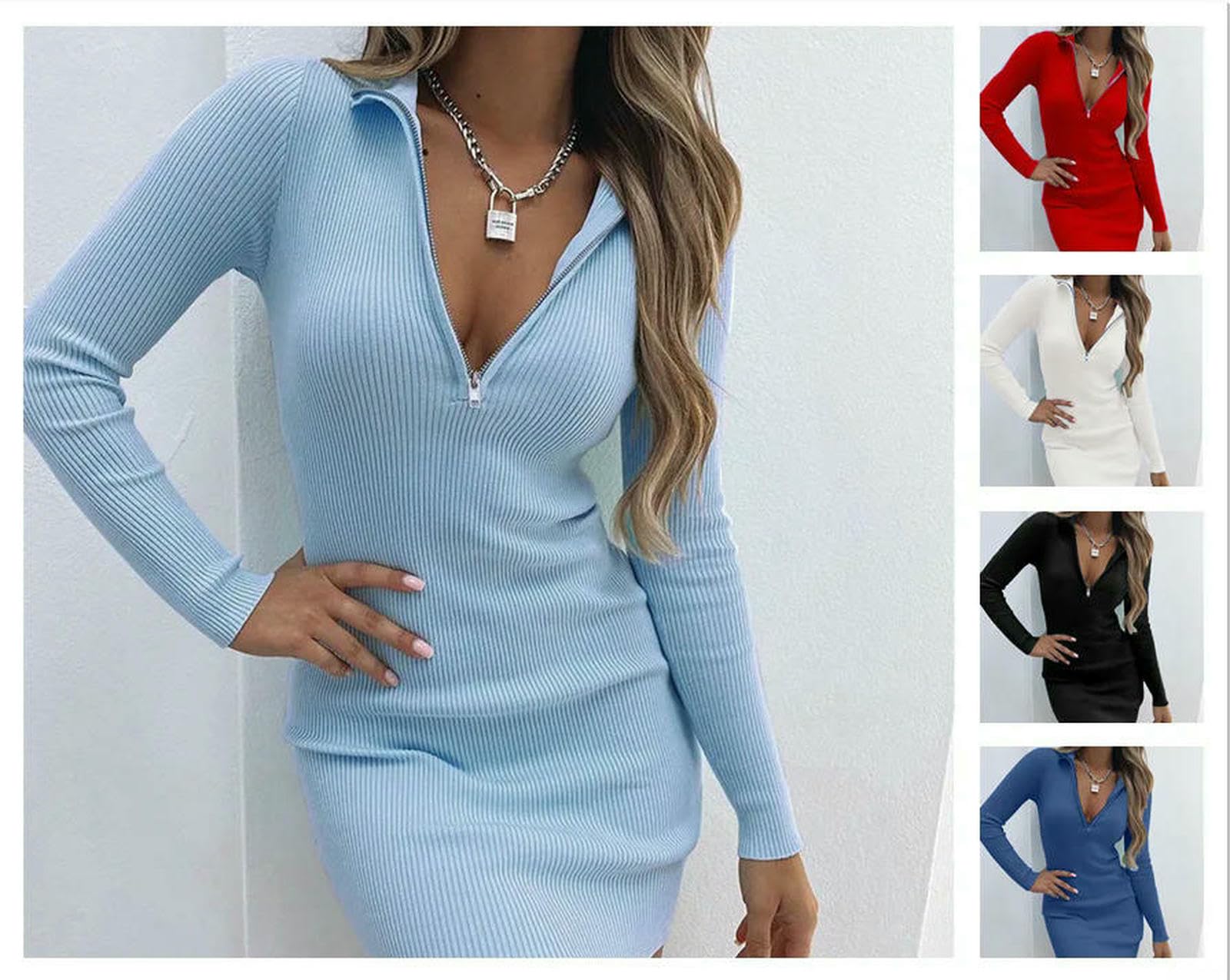 Vestiti a Maniche Lunghe Abito Ad Alta Vita con Cerniera Autunnale Femminile, Gonna Base di Lunghe, Americana Nuovo Stile, Abbigliamento Quotidiano Elegante