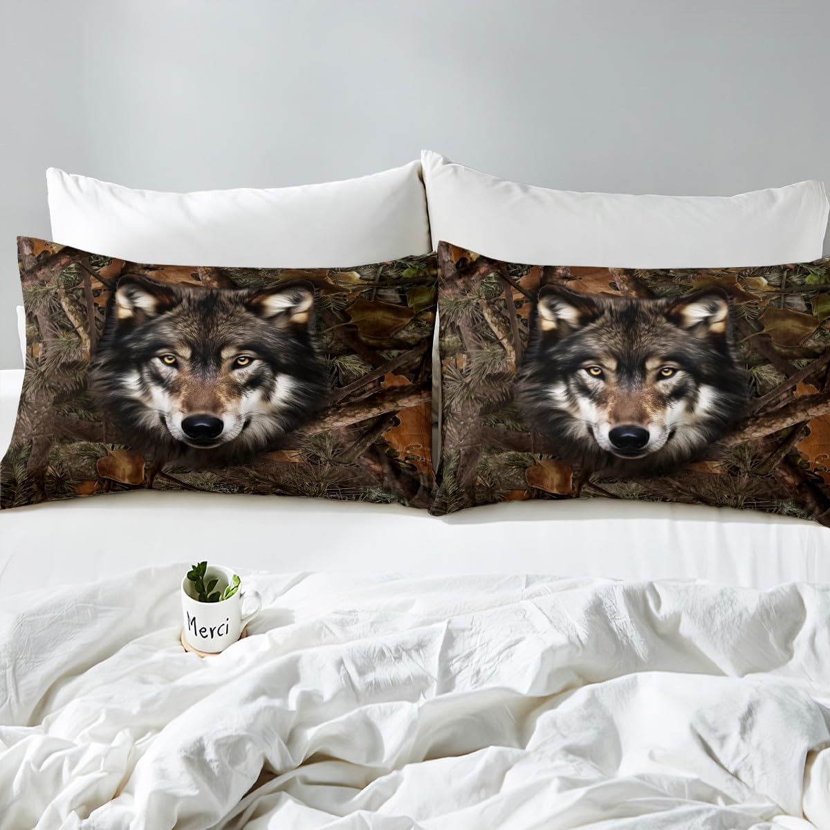 Wolf Kids Duvet Cover Set King Size,Camo Dead Branches Rustic Farmhouse Bedding Set,Girls Boys Adults Room Decor,Wild Animals Hunting Adventure Comforter Cover,Brown Retro Quilt Cover,2 Pillowcases