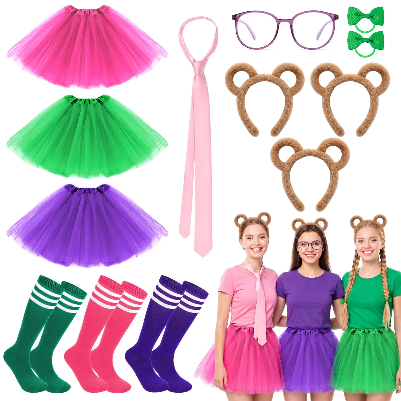 Oerphh Chipmunk Costume Set for Adults,13 Pcs Fancy Dress Outfit with Ears Headbands, Tutu Skirts, Bow Tie, Glasses & Hair Bows for Halloween, Cosplay, Carnival, Stage Performance (colorful)