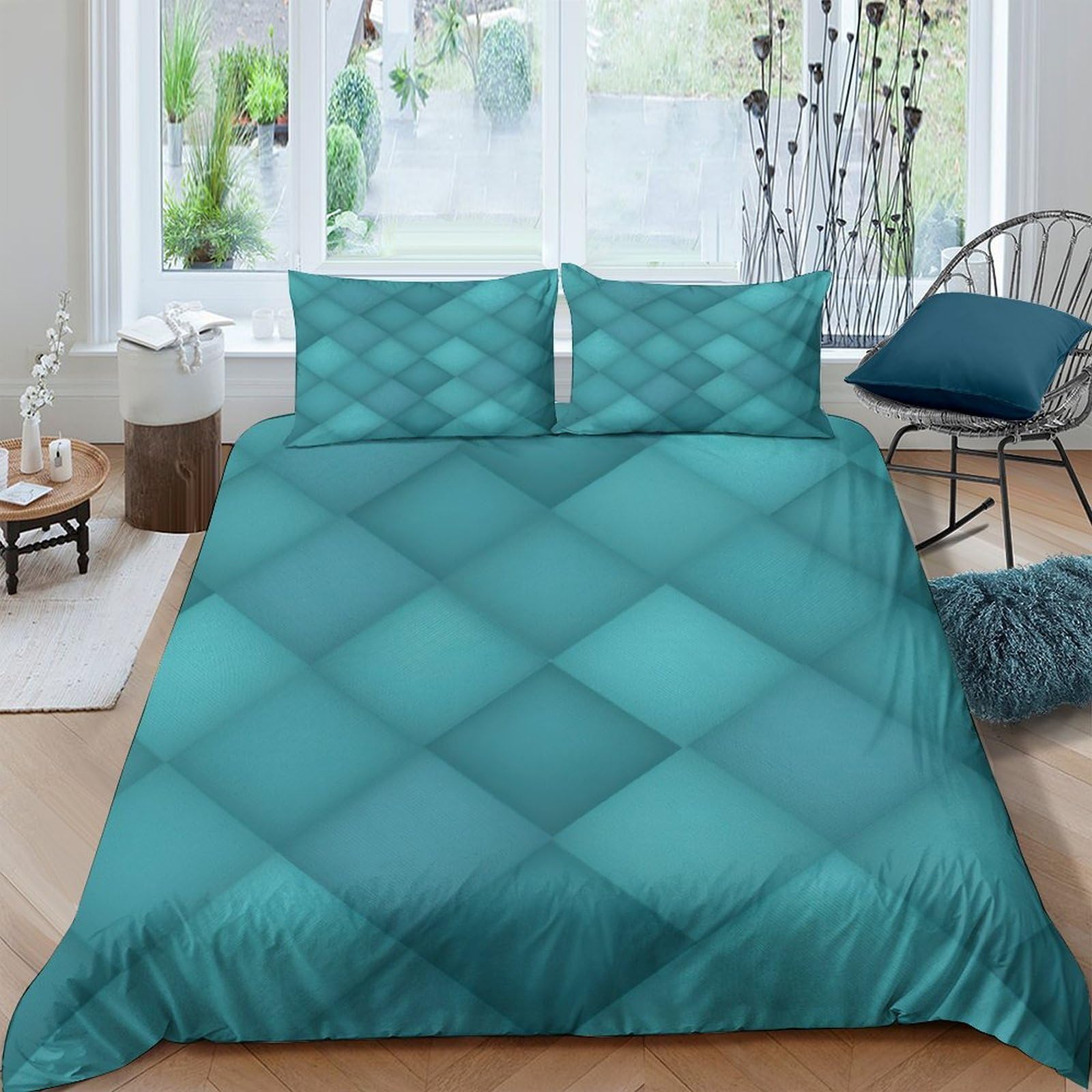 Ctjqhvkz Style-8 3D Printed Teal Geometric Pattern Fitted Sheet Microfiber Soft Anti-Slip Blue Lattice Bed Cover For Bedroom Guest Room Single（135X200cm）