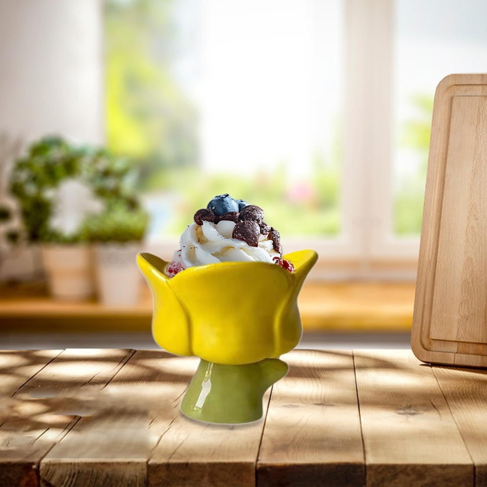 Ioensy Ice Cream Cup, Milkshake Glasses, Ceramic, Cute Decorative Storage Goblet Sundae Cups Dessert Bowl for Milk Smoothie Sundaes, Yellow Tulips Cup