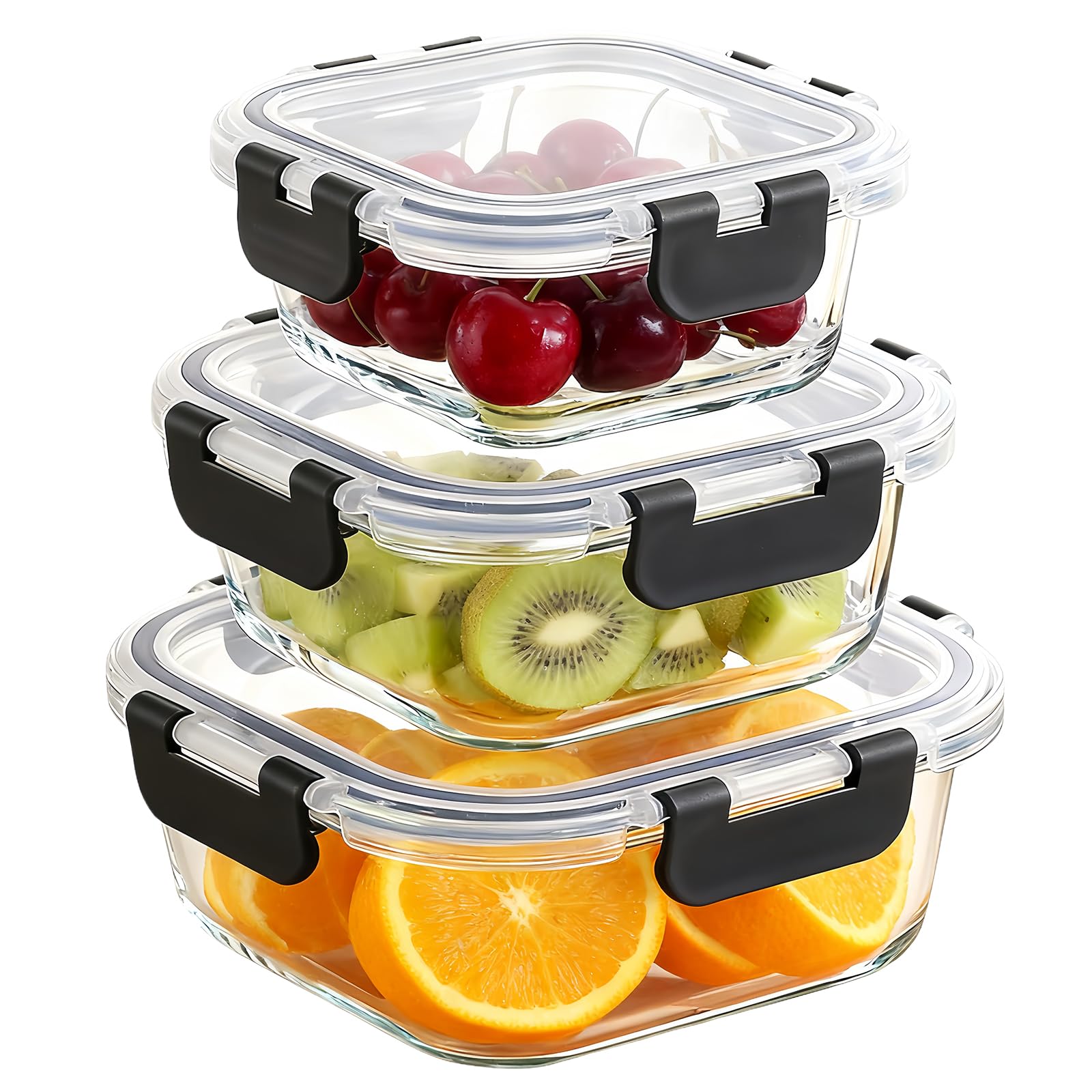 MEETOZ Round Glass Containers with Lids 3 Pack- Airtight Meal Prep, Glass Lunch Box for Fridge Storage, for Soup, Lunch, Salad, Leftovers, BPA Free (Square -3Pack)