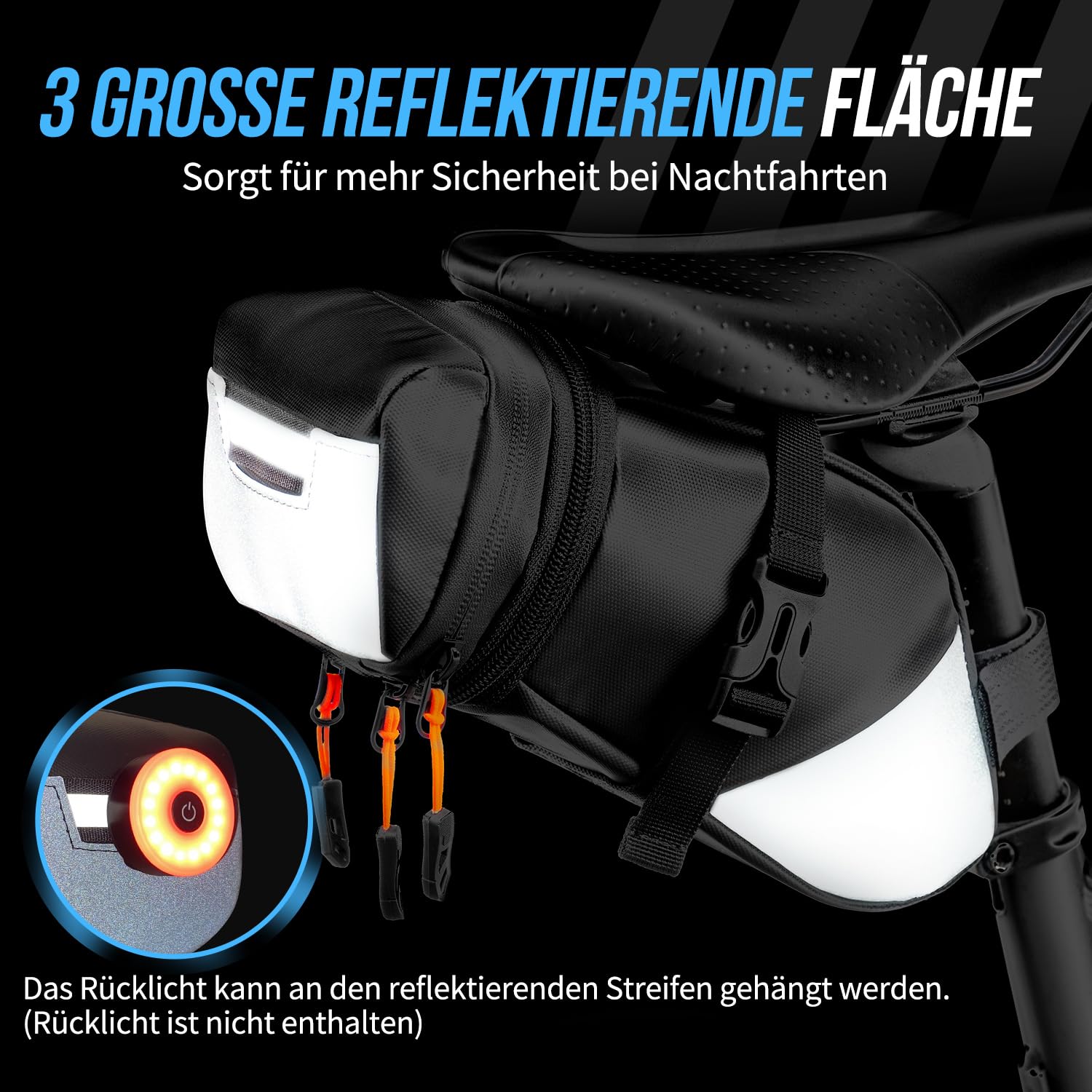 Eyein Fahrrad Satteltasche, Satteltaschen für Fahrrad - Erweiterbar von 1,5L auf 2L Kapazität, Wasserfest beim Leichten Reflektierend Fahrradtasche Fahrradsitz Tasche für Straße Rennrad