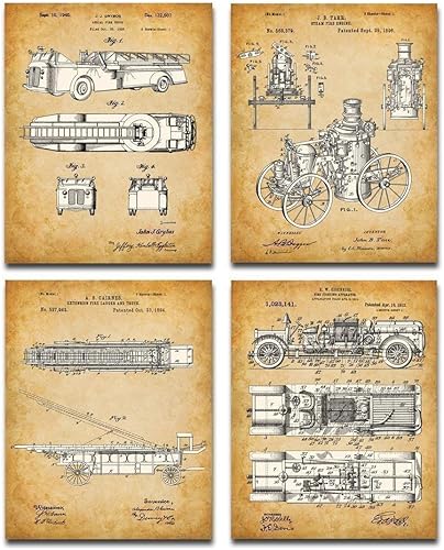 Impresiones artísticas originales de bomberos, juego de cuatro fotos (8 x 10) sin marco, hace una gran decoración de estación de bomberos y regalo