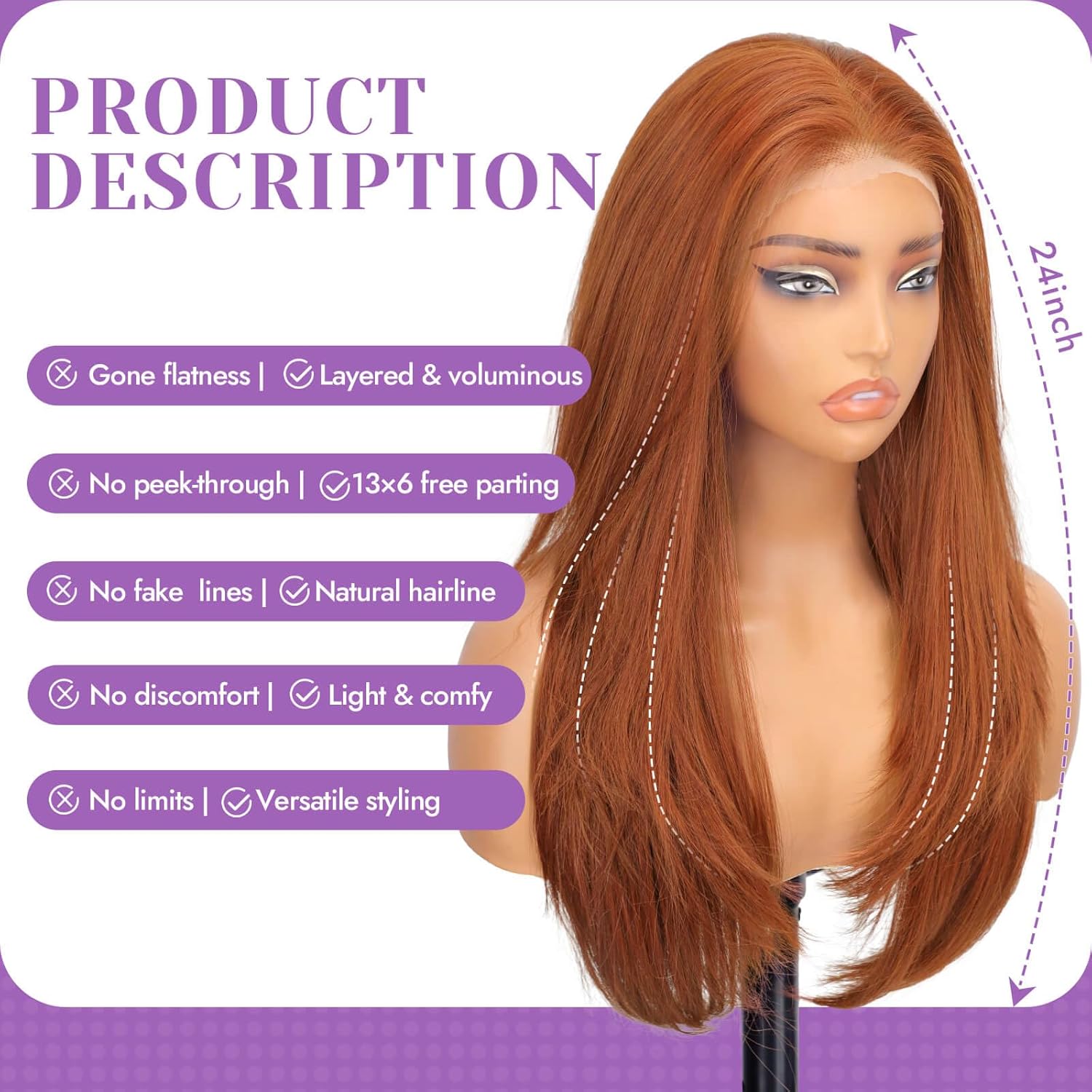 13x6 HD Lace Front Glueless Ginger Wig for Women Free Parting Layered Straight Synthetic Hair Natural Hairline Heat Resistant Beginner Friendly Daily Use 24 Inch