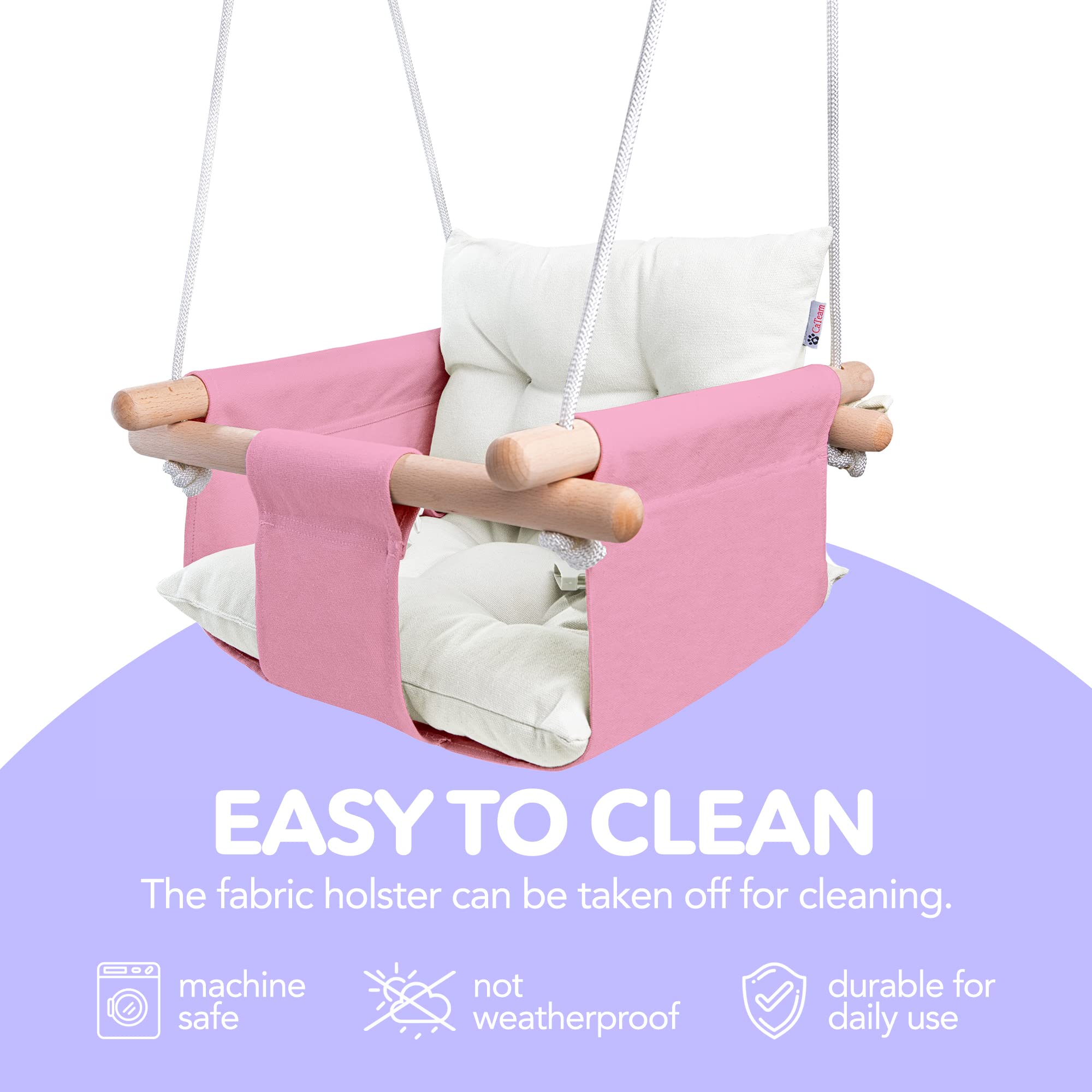 CaTeam - Altalena per Bambini in Tela, Sedia Altalena Sospesa in Legno con Cintura di Sicurezza, Sedia per Amaca Resistente, Altalena per Esterni e Interni per Bambini, Rosa