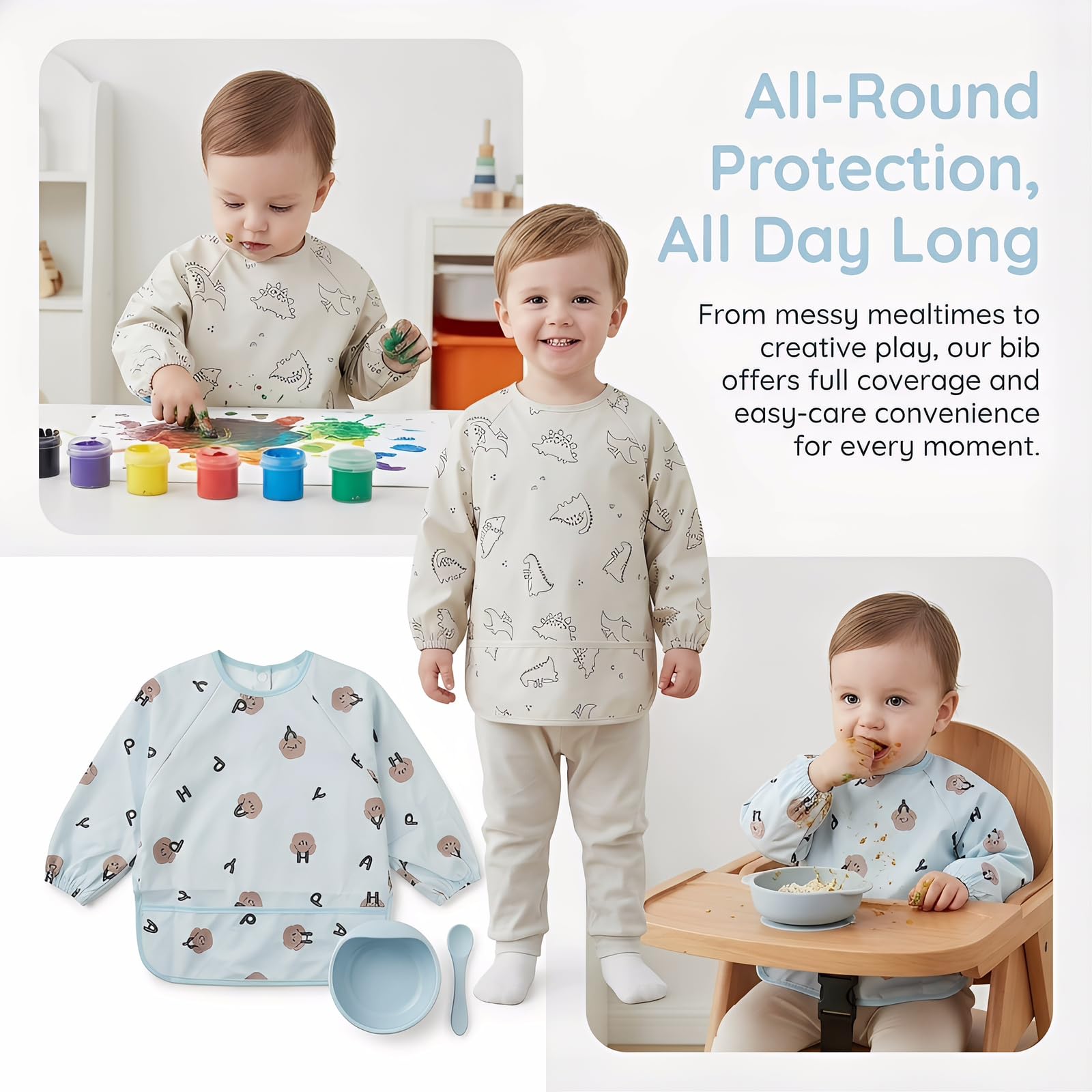 2 Piezas Babero con Mangas Impermeable, 42x37cm, Baberos Bebe 6-24 Meses de PU Lavable, Delantal Infantil con Bolsillo Grande y Cuello Elástico, para Alimentación y Pintura, Accesorios de Guardería — view 4