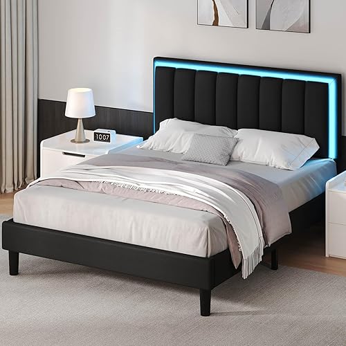 Miniatura 6 de Marco de cama tamaño completo, marco de cama tapizado con luces LED, cama de plataforma con cabecero, soporte de listones de madera y metal Negro