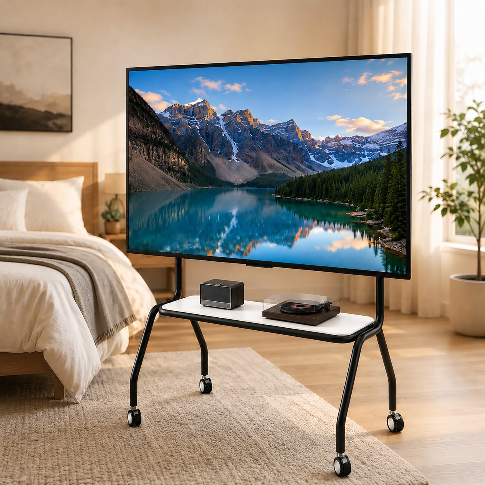 Supporto TV Mobile, Carrello TV Portatile con Ruote | Ruote con Blocco e Mensola Portaoggetti, Organizer Pegboard per Camera da Letto, Soggiorno e Ufficio(White,90cm/35.4in)