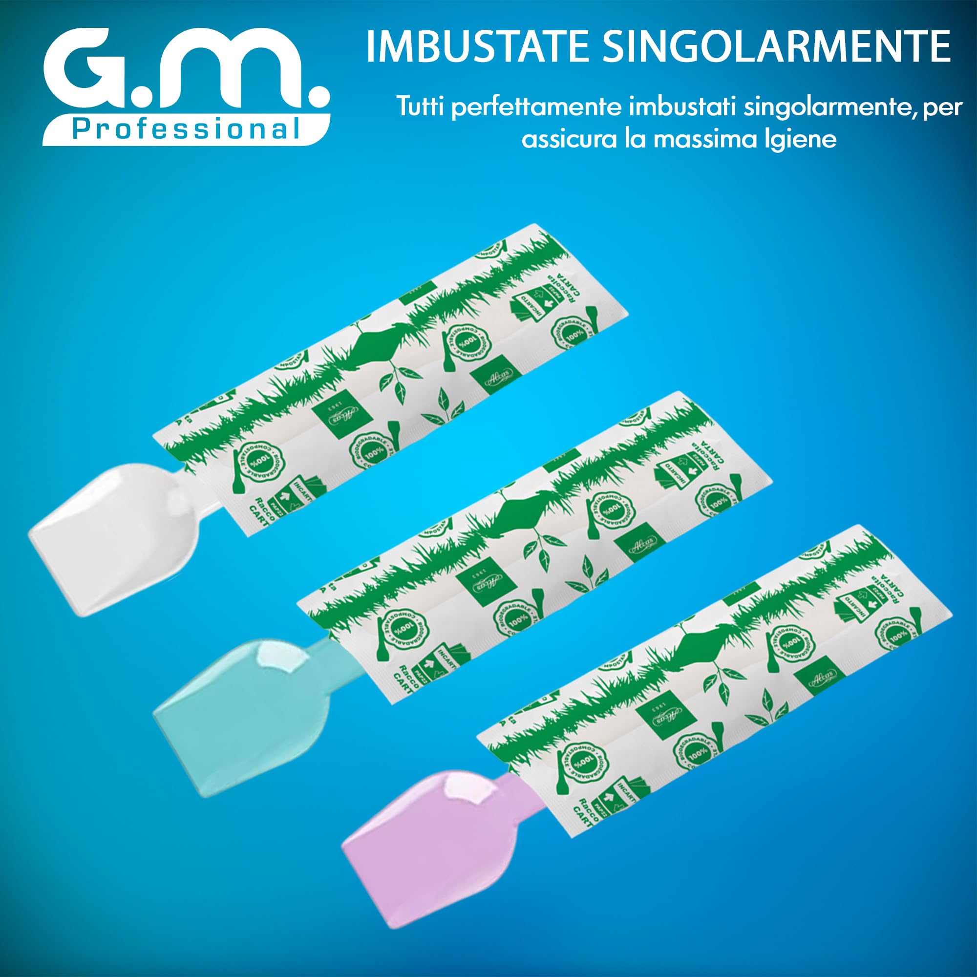 GM 1000 Cucchiaini per il Gelato Riutilizzabili Colorati, Imbustate Singolarmente, Palette Compostabili per dolci dessert gelato, Misura 9,5 cm