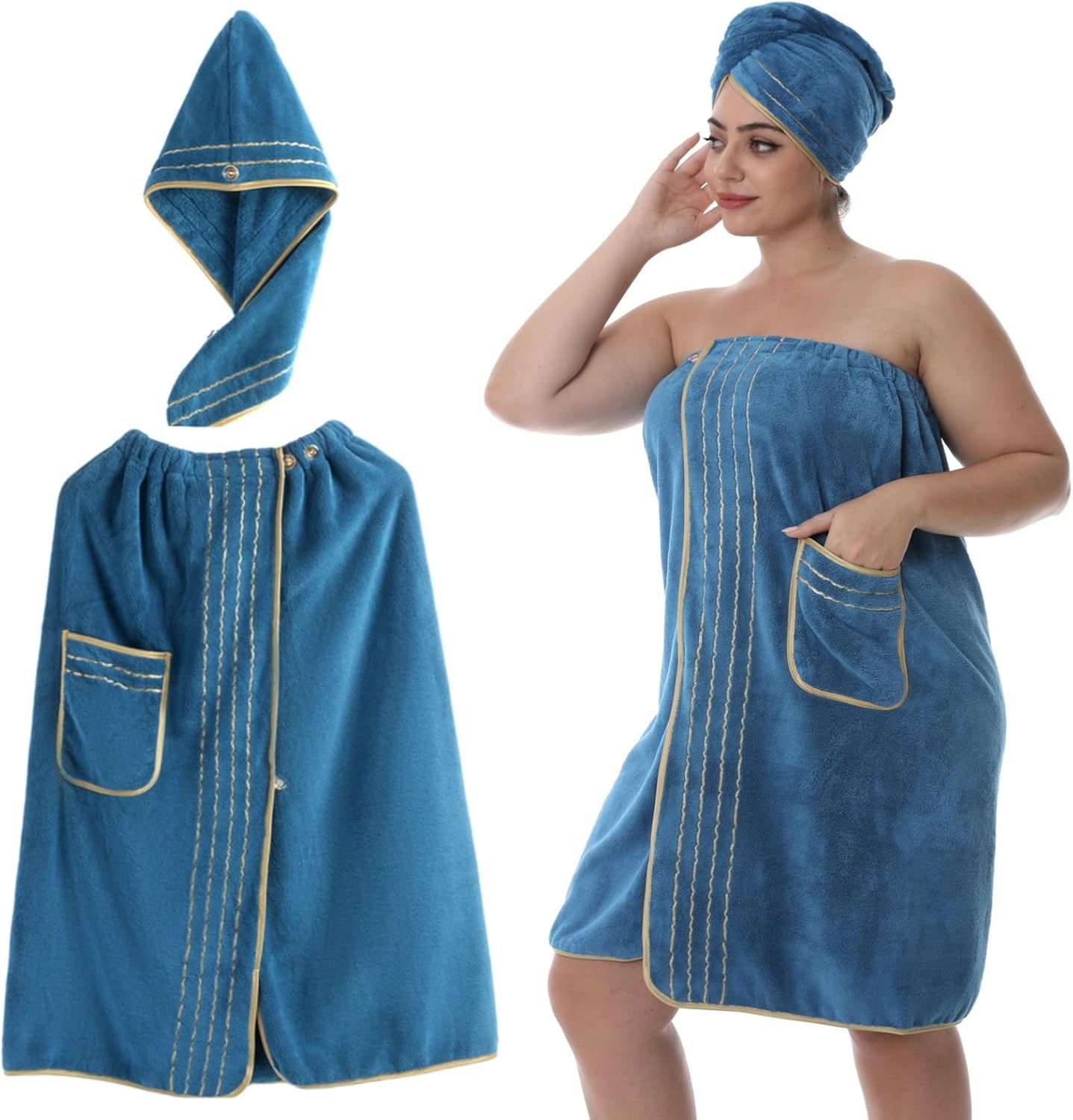 Plus Size Towel Wrap for Women, Shower Wrap Spa Bathrobe Bath Towels Body Wrap After Shower with Hair Drying Towel, Blue