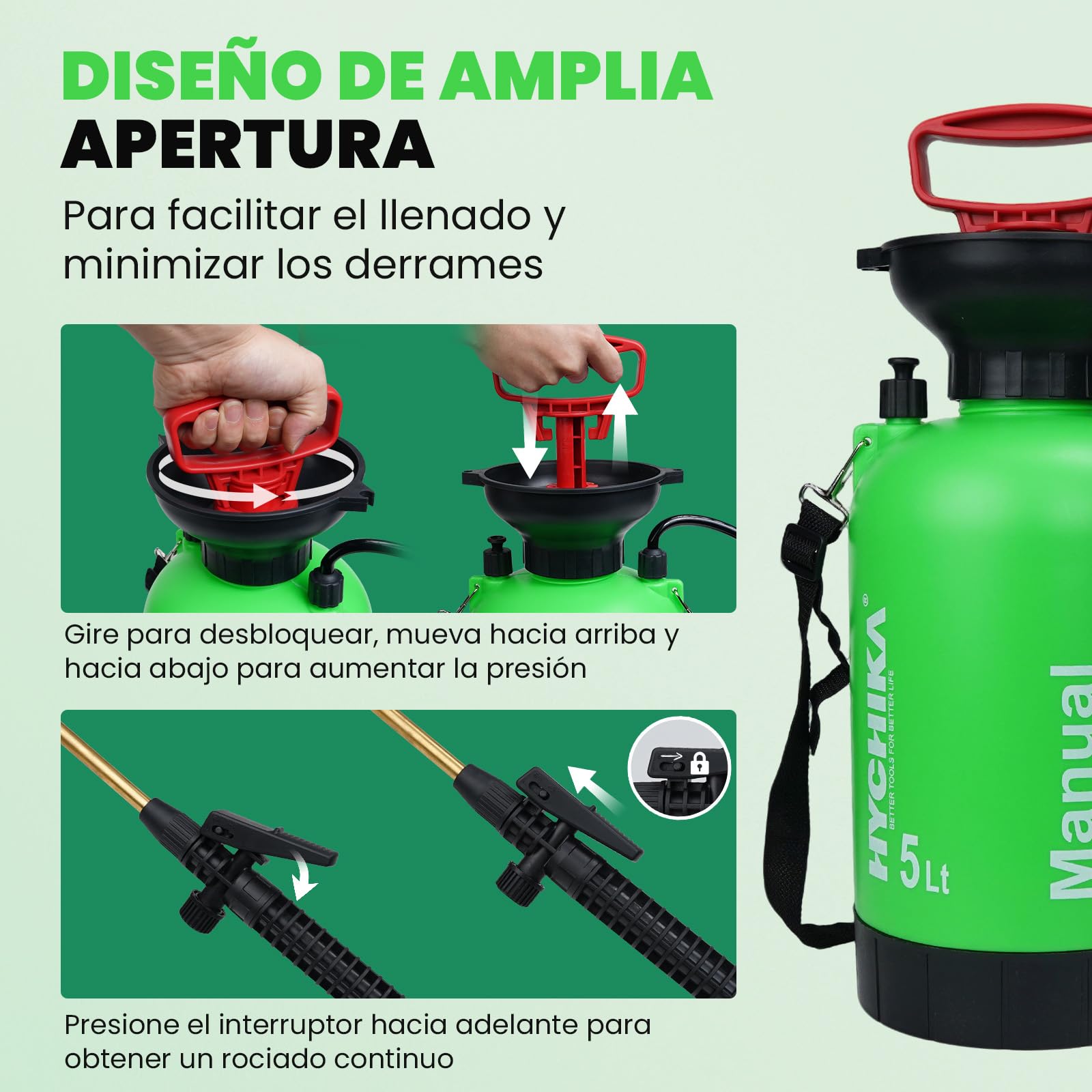 HYCHIKA Pulverizador a Presión 5L, Sulfatadora Manual 5 litros, Mochila Fumigadora Pulverizador Plantas, Lanza de Acero Inoxidable, Boquillas Regulables, para Riego de Plantas y Cuidado del Jardín