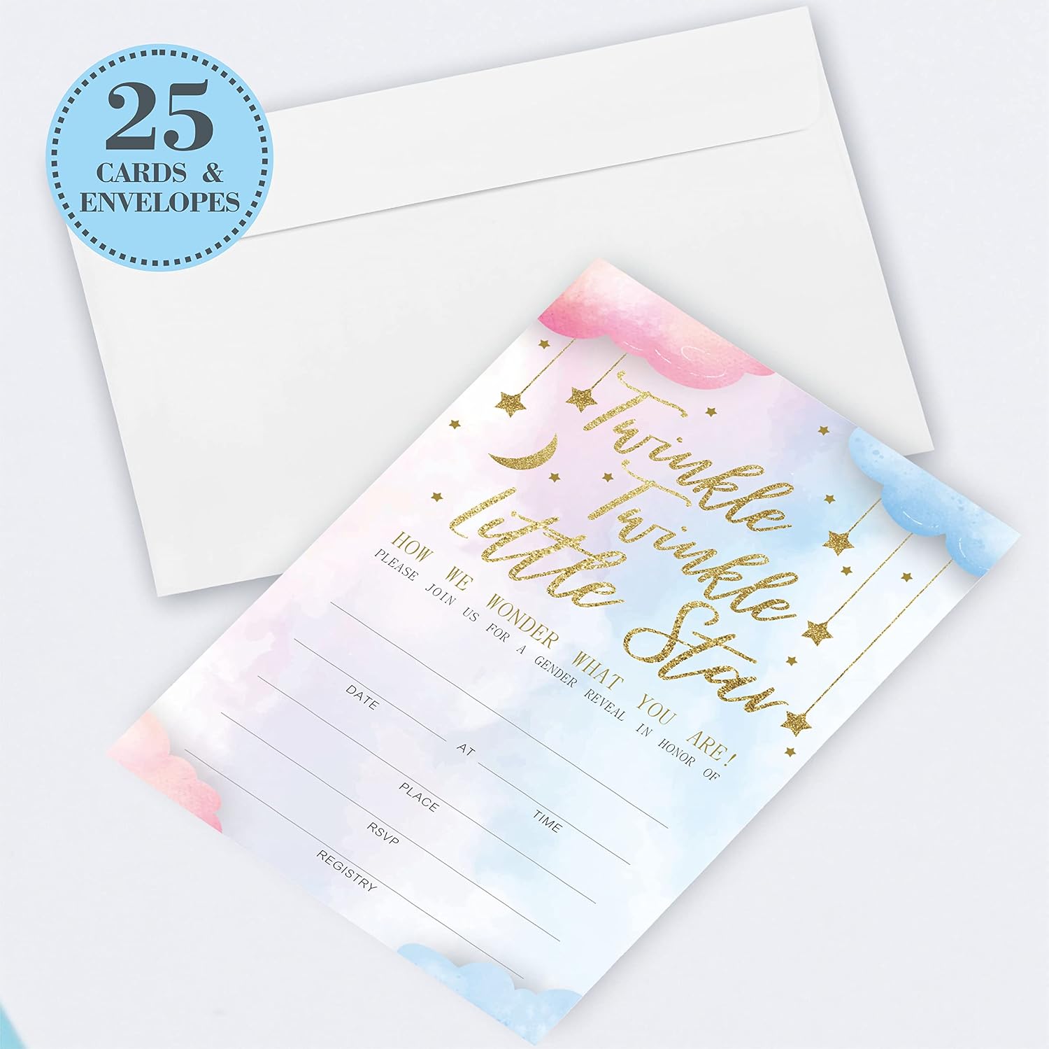 Set of 25 Baby Shower Invitations with Envelopes, Diaper Raffle Tickets and Baby Shower Book Request Cards, Twinkle Twinkle Little Star, Gold Moon And Stars Theme Gender Reveal Party(YQKTZ-A06)