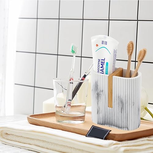 Miniatura 5 de rejomiik Portacepillos de dientes eléctrico para baños, cepillo de dientes de bambú y organizador de almacenamiento de pasta de dientes para