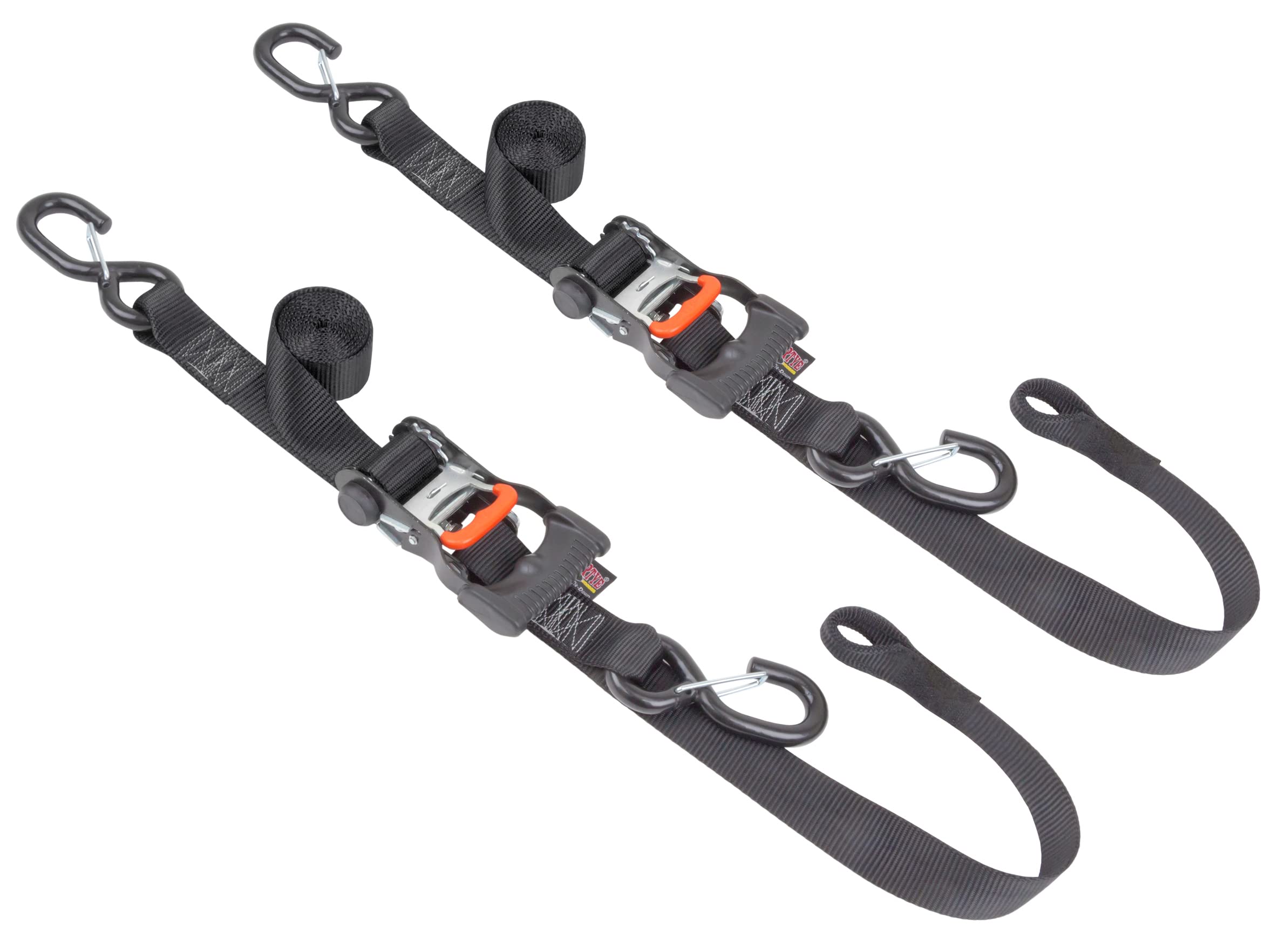 2,5 cm x 1,8 m Powertye® made in USA ergonomico bloccaggio a cricchetto soft-tye tie-downs con chiavistello ganci resistenti, nero/nero (coppia)