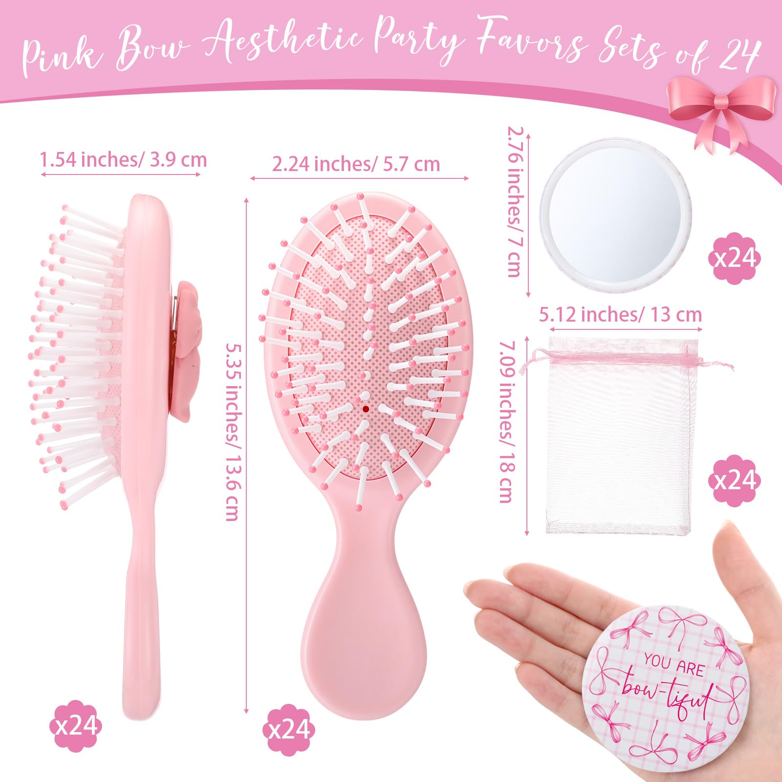 Pink Bow Mini Hair Brush Set Folding Mirror Detangler Travel Purse Folding Hair Brush with Mirror - Mini Compact Massage Comb  main image 4