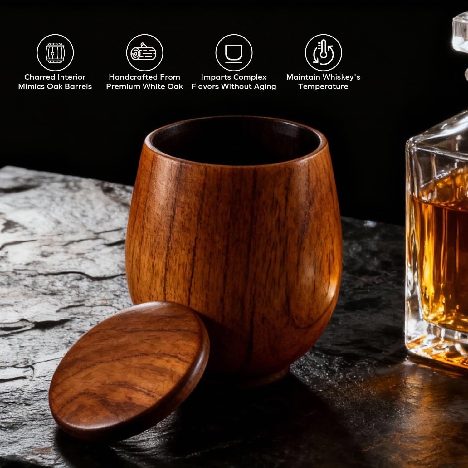 Charred Wooden Bourbon Drinking Glass, Oak Sip Whiskey Cup, Solid Wood Wooden Whiskey Cup For Neat Whiskey, Unique Gifts For Men, Premium Dad Gifts For Whiskey Lovers